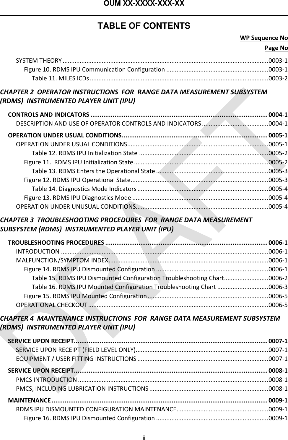 OUM XX-XXXX-XXX-XX  TABLE OF CONTENTS WP Sequence No Page No ii SYSTEM THEORY ......................................................................................................................... 0003-1 Figure 10. RDMS IPU Communication Configuration ............................................................ 0003-1 Table 11. MILES ICDs ......................................................................................................... 0003-2 CHAPTER 2  OPERATOR INSTRUCTIONS  FOR  RANGE DATA MEASUREMENT SUBSYSTEM (RDMS)  INSTRUMENTED PLAYER UNIT (IPU) CONTROLS AND INDICATORS ................................................................................................ 0004-1 DESCRIPTION AND USE OF OPERATOR CONTROLS AND INDICATORS ....................................... 0004-1 OPERATION UNDER USUAL CONDITIONS ............................................................................... 0005-1 OPERATION UNDER USUAL CONDITIONS ................................................................................... 0005-1 Table 12. RDMS IPU Initialization State ............................................................................ 0005-2 Figure 11.  RDMS IPU Initialization State ............................................................................... 0005-2 Table 13. RDMS Enters the Operational State .................................................................. 0005-3 Figure 12. RDMS IPU Operational State ................................................................................. 0005-3 Table 14. Diagnostics Mode Indicators ............................................................................. 0005-4 Figure 13. RDMS IPU Diagnostics Mode ................................................................................ 0005-4 OPERATION UNDER UNUSUAL CONDITIONS.............................................................................. 0005-4 CHAPTER 3  TROUBLESHOOTING PROCEDURES  FOR  RANGE DATA MEASUREMENT SUBSYSTEM (RDMS)  INSTRUMENTED PLAYER UNIT (IPU) TROUBLESHOOTING PROCEDURES ........................................................................................ 0006-1 INTRODUCTION .......................................................................................................................... 0006-1 MALFUNCTION/SYMPTOM INDEX .............................................................................................. 0006-1 Figure 14. RDMS IPU Dismounted Configuration .................................................................. 0006-1 Table 15. RDMS IPU Dismounted Configuration Troubleshooting Chart .......................... 0006-2 Table 16. RDMS IPU Mounted Configuration Troubleshooting Chart .............................. 0006-3 Figure 15. RDMS IPU Mounted Configuration ....................................................................... 0006-5 OPERATIONAL CHECKOUT .......................................................................................................... 0006-5 CHAPTER 4  MAINTENANCE INSTRUCTIONS  FOR  RANGE DATA MEASUREMENT SUBSYSTEM (RDMS)  INSTRUMENTED PLAYER UNIT (IPU) SERVICE UPON RECEIPT......................................................................................................... 0007-1 SERVICE UPON RECEIPT (FIELD LEVEL ONLY) .............................................................................. 0007-1 EQUIPMENT / USER FITTING INSTRUCTIONS ............................................................................. 0007-1 SERVICE UPON RECEIPT......................................................................................................... 0008-1 PMCS INTRODUCTION ................................................................................................................ 0008-1 PMCS, INCLUDING LUBRICATION INSTRUCTIONS ...................................................................... 0008-1 MAINTENANCE ..................................................................................................................... 0009-1 RDMS IPU DISMOUNTED CONFIGURATION MAINTENANCE ...................................................... 0009-1 Figure 16. RDMS IPU Dismounted Configuration .................................................................. 0009-1 