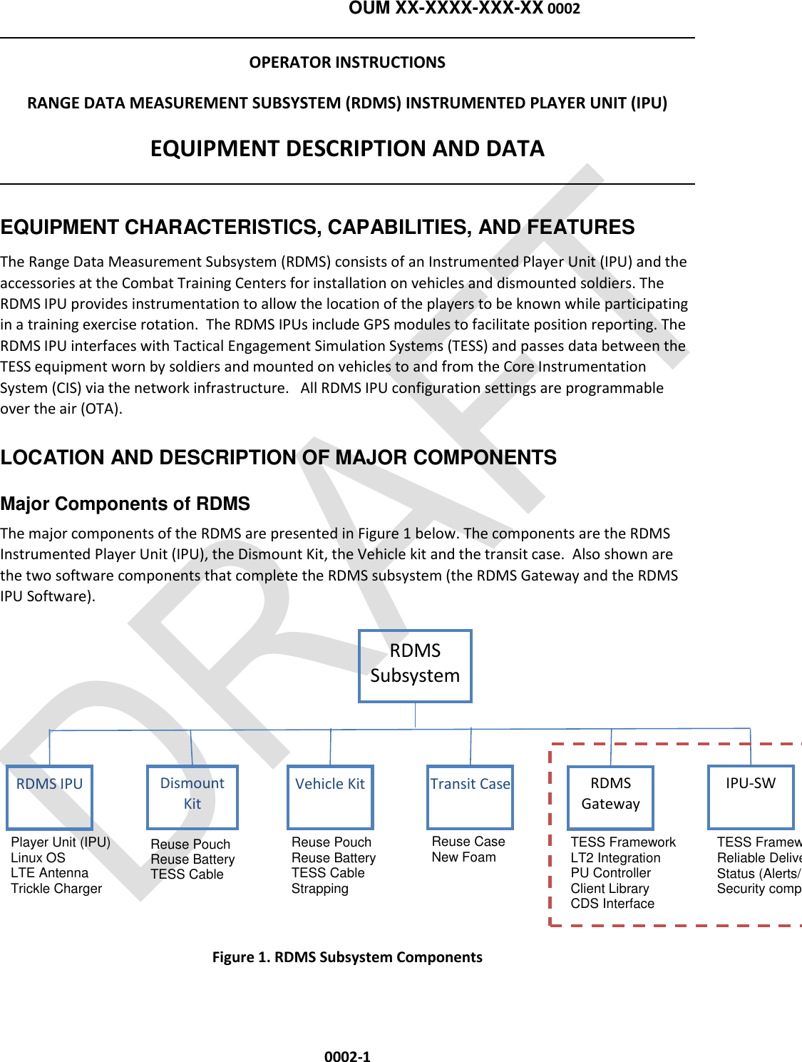   OUM XX-XXXX-XXX-XX 0002  0002-1 OPERATOR INSTRUCTIONS RANGE DATA MEASUREMENT SUBSYSTEM (RDMS) INSTRUMENTED PLAYER UNIT (IPU) EQUIPMENT DESCRIPTION AND DATA  EQUIPMENT CHARACTERISTICS, CAPABILITIES, AND FEATURES The Range Data Measurement Subsystem (RDMS) consists of an Instrumented Player Unit (IPU) and the accessories at the Combat Training Centers for installation on vehicles and dismounted soldiers. The RDMS IPU provides instrumentation to allow the location of the players to be known while participating in a training exercise rotation.  The RDMS IPUs include GPS modules to facilitate position reporting. The RDMS IPU interfaces with Tactical Engagement Simulation Systems (TESS) and passes data between the TESS equipment worn by soldiers and mounted on vehicles to and from the Core Instrumentation System (CIS) via the network infrastructure.   All RDMS IPU configuration settings are programmable over the air (OTA). LOCATION AND DESCRIPTION OF MAJOR COMPONENTS   Major Components of RDMS The major components of the RDMS are presented in Figure 1 below. The components are the RDMS Instrumented Player Unit (IPU), the Dismount Kit, the Vehicle kit and the transit case.  Also shown are the two software components that complete the RDMS subsystem (the RDMS Gateway and the RDMS IPU Software).  Figure 1. RDMS Subsystem Components TESS Framework Reliable Delivery Status (Alerts/BITs) Security component RDMS Subsystem RDMS IPU Vehicle Kit Dismount Kit  Transit Case RDMS Gateway IPU-SW Player Unit (IPU) Linux OS LTE Antenna Trickle Charger Reuse Pouch Reuse Battery TESS Cable Reuse Pouch Reuse Battery TESS Cable Strapping TESS Framework LT2 Integration PU Controller Client Library CDS Interface Reuse Case New Foam  