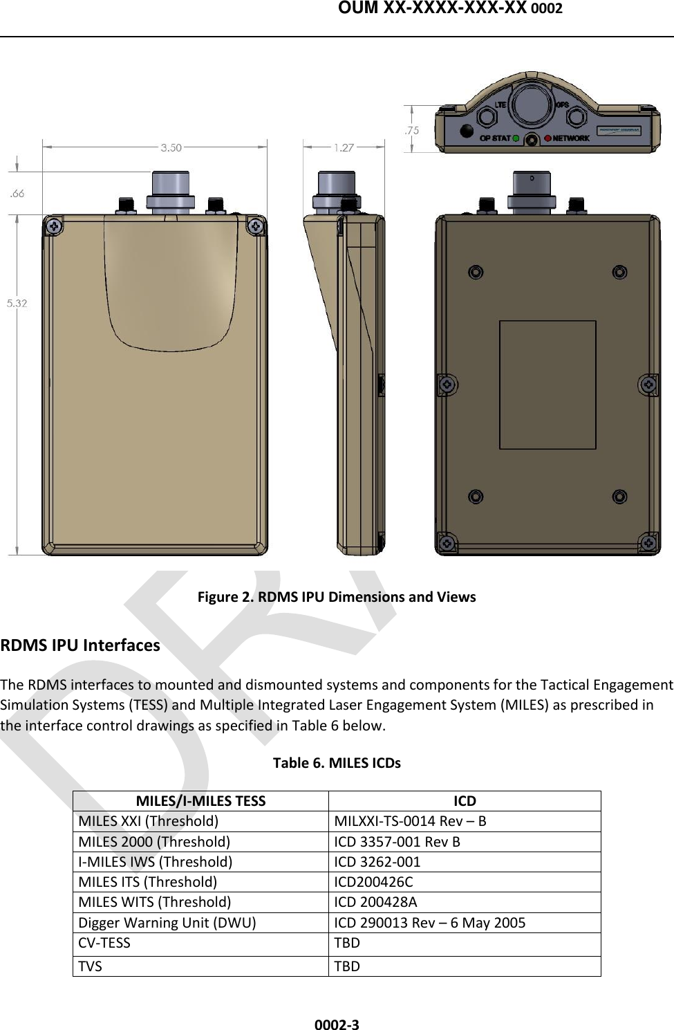    OUM XX-XXXX-XXX-XX 0002  0002-3  Figure 2. RDMS IPU Dimensions and Views RDMS IPU Interfaces The RDMS interfaces to mounted and dismounted systems and components for the Tactical Engagement Simulation Systems (TESS) and Multiple Integrated Laser Engagement System (MILES) as prescribed in the interface control drawings as specified in Table 6 below. Table 6. MILES ICDs MILES/I-MILES TESS ICD MILES XXI (Threshold)          MILXXI-TS-0014 Rev – B MILES 2000 (Threshold)         ICD 3357-001 Rev B I-MILES IWS (Threshold)   ICD 3262-001 MILES ITS (Threshold)        ICD200426C MILES WITS (Threshold)     ICD 200428A Digger Warning Unit (DWU)  ICD 290013 Rev – 6 May 2005 CV-TESS                                  TBD TVS                                          TBD 