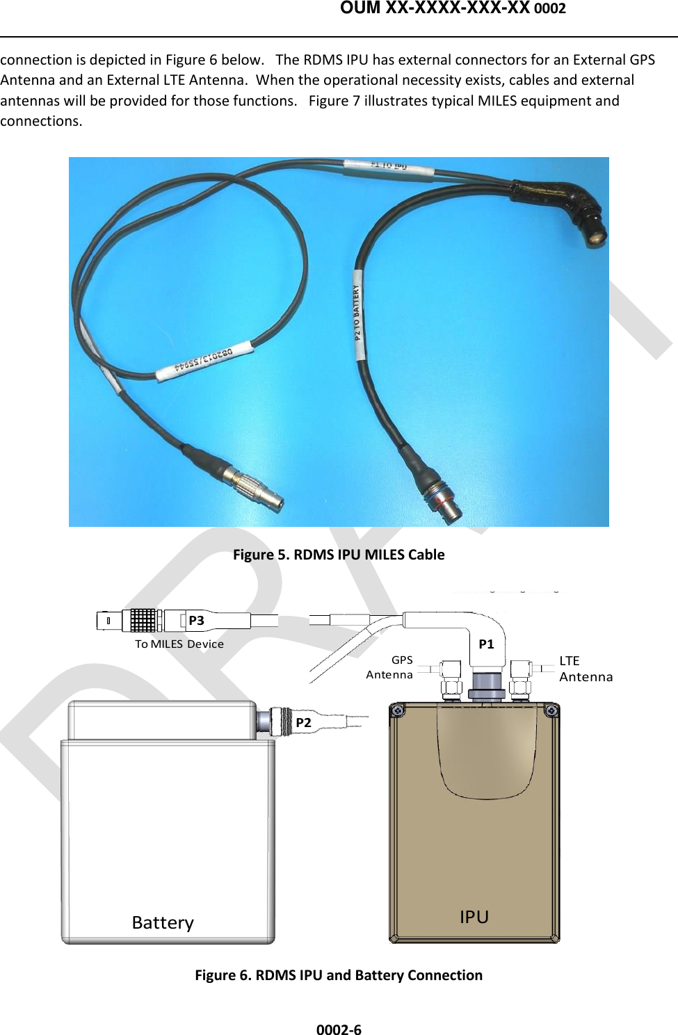    OUM XX-XXXX-XXX-XX 0002  0002-6 connection is depicted in Figure 6 below.   The RDMS IPU has external connectors for an External GPS Antenna and an External LTE Antenna.  When the operational necessity exists, cables and external antennas will be provided for those functions.   Figure 7 illustrates typical MILES equipment and connections.  Figure 5. RDMS IPU MILES Cable IPUBatteryGPSAntennaLTEAntennaP1P2P3To MILES Device Figure 6. RDMS IPU and Battery Connection 