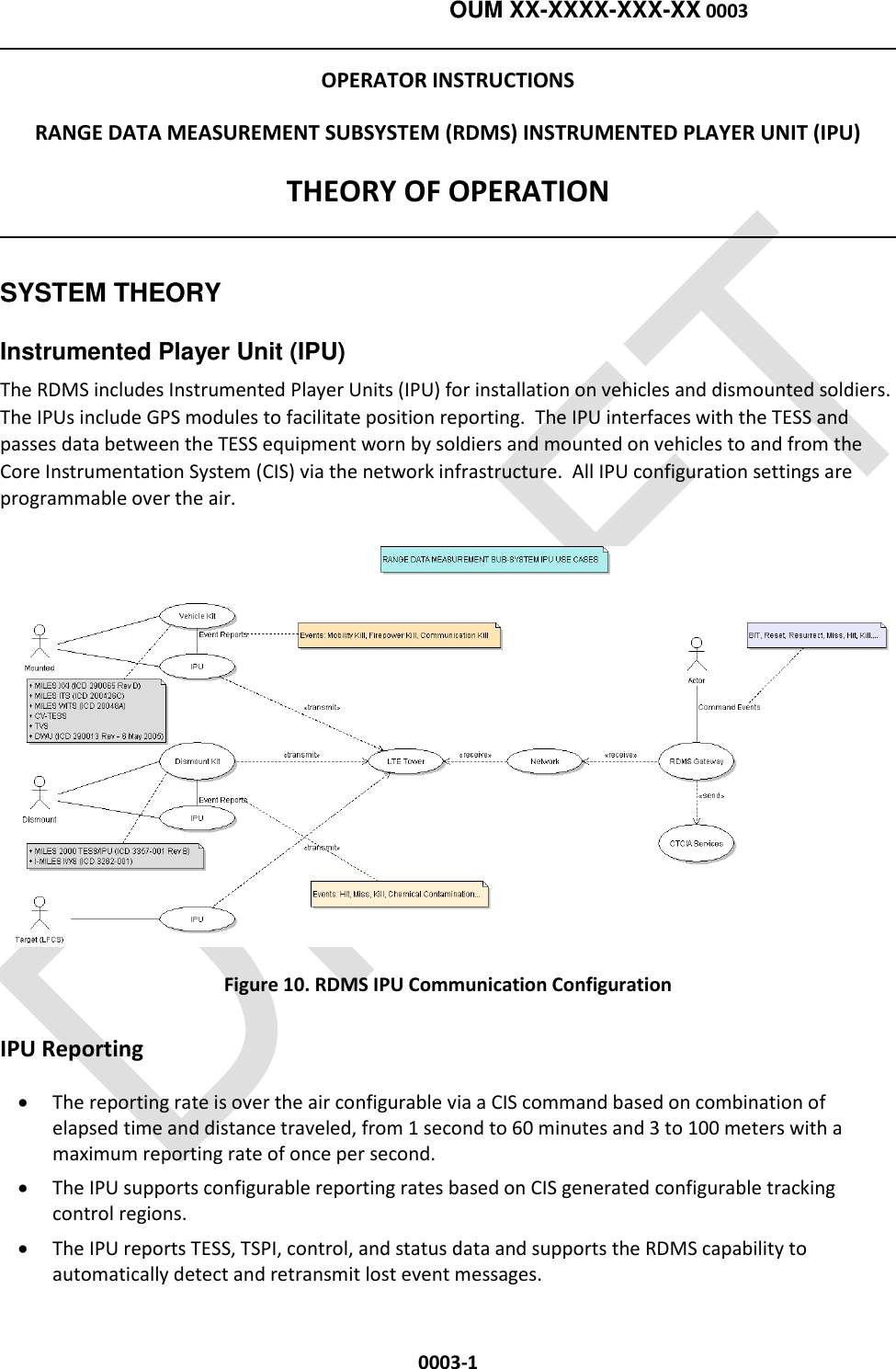    OUM XX-XXXX-XXX-XX 0003  0003-1 OPERATOR INSTRUCTIONS RANGE DATA MEASUREMENT SUBSYSTEM (RDMS) INSTRUMENTED PLAYER UNIT (IPU) THEORY OF OPERATION  SYSTEM THEORY Instrumented Player Unit (IPU) The RDMS includes Instrumented Player Units (IPU) for installation on vehicles and dismounted soldiers. The IPUs include GPS modules to facilitate position reporting.  The IPU interfaces with the TESS and passes data between the TESS equipment worn by soldiers and mounted on vehicles to and from the Core Instrumentation System (CIS) via the network infrastructure.  All IPU configuration settings are programmable over the air.  Figure 10. RDMS IPU Communication Configuration IPU Reporting  The reporting rate is over the air configurable via a CIS command based on combination of elapsed time and distance traveled, from 1 second to 60 minutes and 3 to 100 meters with a maximum reporting rate of once per second.   The IPU supports configurable reporting rates based on CIS generated configurable tracking control regions.  The IPU reports TESS, TSPI, control, and status data and supports the RDMS capability to automatically detect and retransmit lost event messages.  