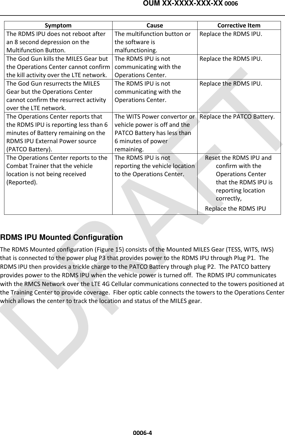    OUM XX-XXXX-XXX-XX 0006  0006-4 Symptom Cause Corrective Item The RDMS IPU does not reboot after an 8 second depression on the Multifunction Button. The multifunction button or the software is malfunctioning. Replace the RDMS IPU. The God Gun kills the MILES Gear but the Operations Center cannot confirm the kill activity over the LTE network. The RDMS IPU is not communicating with the Operations Center. Replace the RDMS IPU. The God Gun resurrects the MILES Gear but the Operations Center cannot confirm the resurrect activity over the LTE network. The RDMS IPU is not communicating with the Operations Center. Replace the RDMS IPU. The Operations Center reports that the RDMS IPU is reporting less than 6 minutes of Battery remaining on the RDMS IPU External Power source (PATCO Battery). The WITS Power convertor or vehicle power is off and the  PATCO Battery has less than 6 minutes of power remaining. Replace the PATCO Battery. The Operations Center reports to the Combat Trainer that the vehicle location is not being received (Reported). The RDMS IPU is not reporting the vehicle location to the Operations Center. Reset the RDMS IPU and confirm with the Operations Center that the RDMS IPU is reporting location correctly, Replace the RDMS IPU  RDMS IPU Mounted Configuration The RDMS Mounted configuration (Figure 15) consists of the Mounted MILES Gear (TESS, WITS, IWS) that is connected to the power plug P3 that provides power to the RDMS IPU through Plug P1.  The RDMS IPU then provides a trickle charge to the PATCO Battery through plug P2.  The PATCO battery provides power to the RDMS IPU when the vehicle power is turned off.  The RDMS IPU communicates with the RMCS Network over the LTE 4G Cellular communications connected to the towers positioned at the Training Center to provide coverage.  Fiber optic cable connects the towers to the Operations Center which allows the center to track the location and status of the MILES gear. 