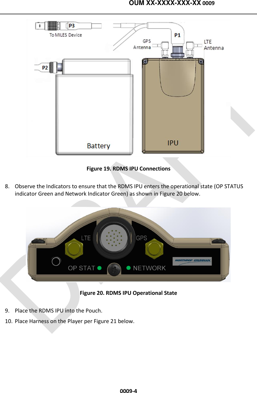    OUM XX-XXXX-XXX-XX 0009  0009-4  Figure 19. RDMS IPU Connections 8. Observe the Indicators to ensure that the RDMS IPU enters the operational state (OP STATUS indicator Green and Network Indicator Green) as shown in Figure 20 below.  Figure 20. RDMS IPU Operational State 9. Place the RDMS IPU into the Pouch.   10. Place Harness on the Player per Figure 21 below.     