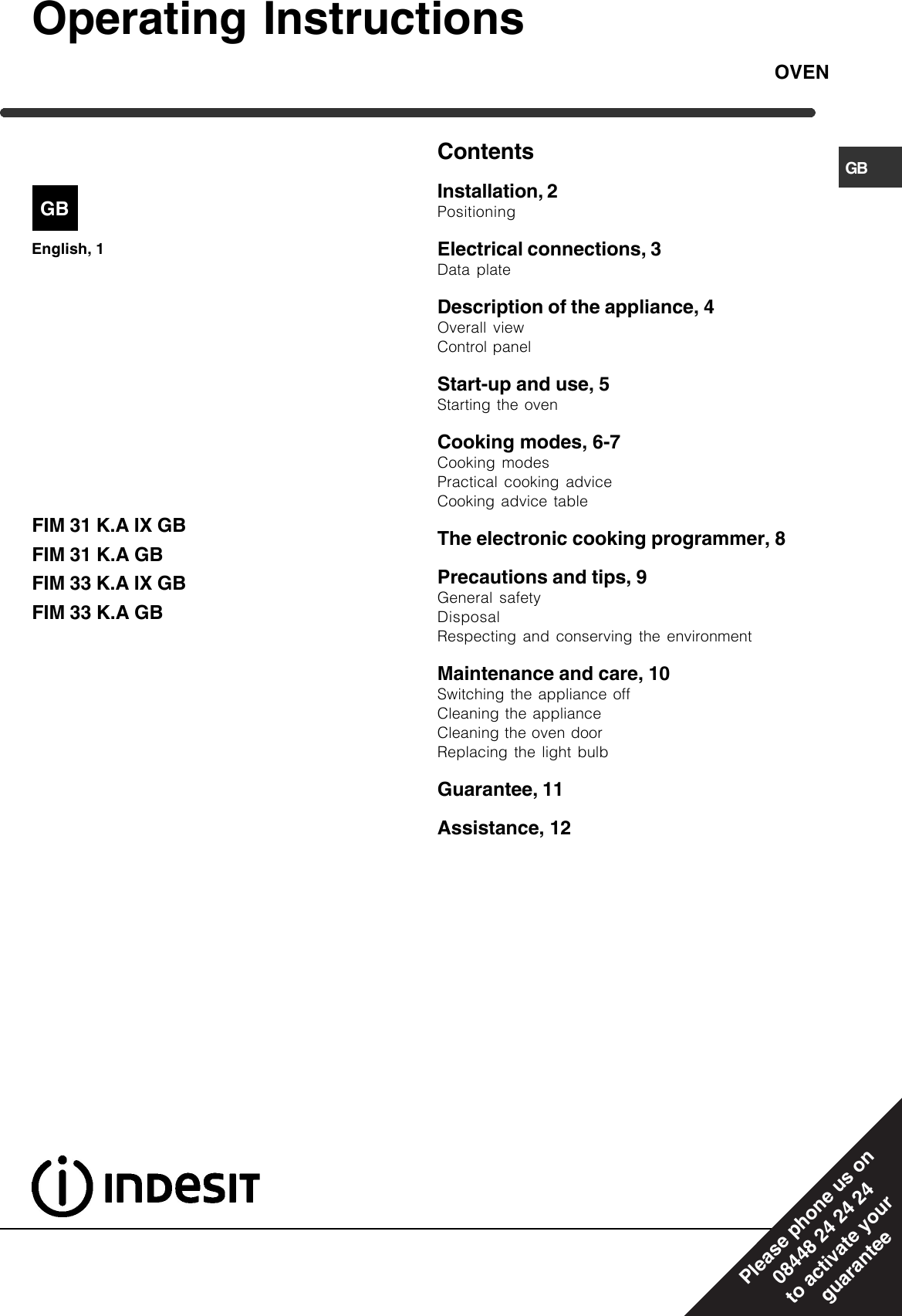 Page 1 of 12 - Indesit Indesit-Fim-31-K-A-Gb-Users-Manual- 088315gb.p65  Indesit-fim-31-k-a-gb-users-manual