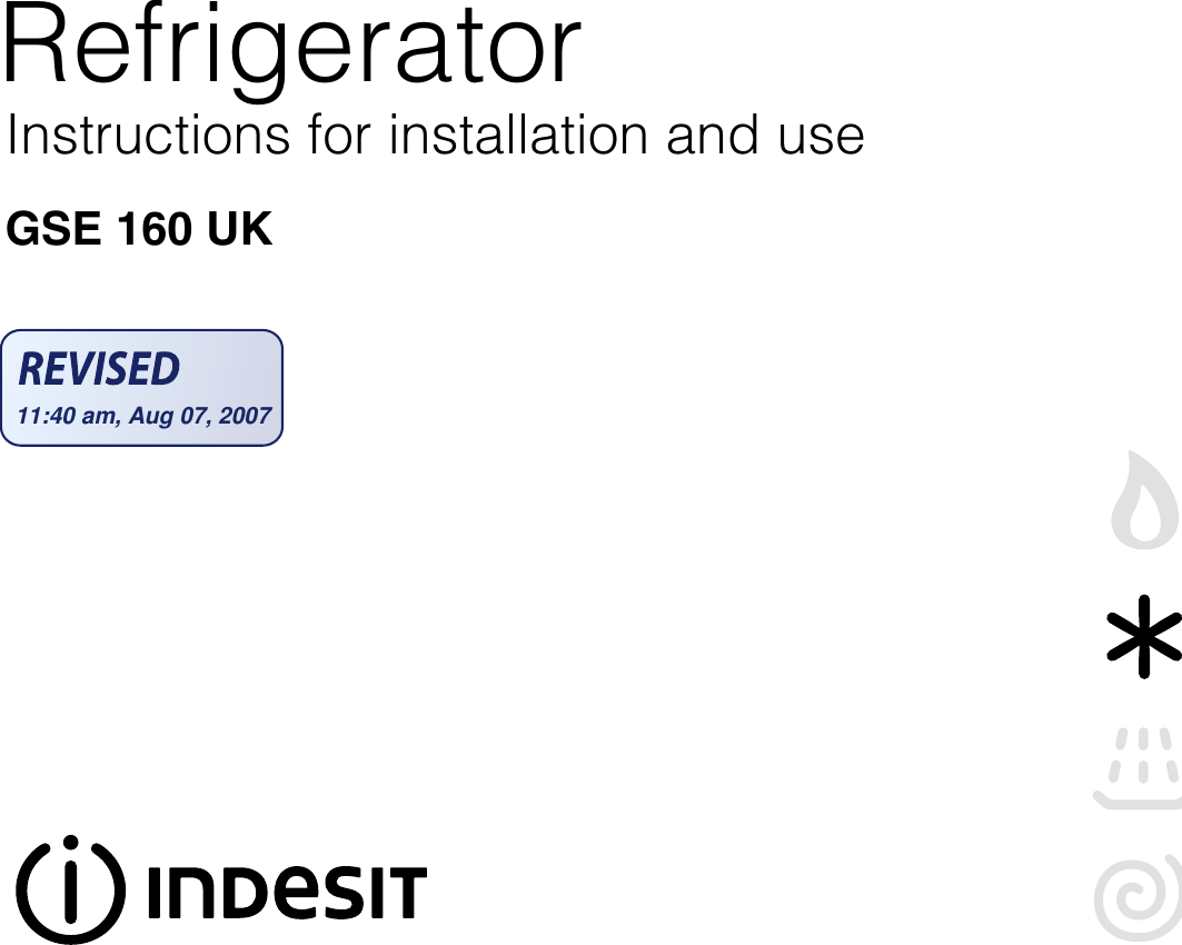 Page 1 of 12 - Indesit Indesit-Gse-160-Uk-Instructions-For-Installation-And-Use- 22634cop  Indesit-gse-160-uk-instructions-for-installation-and-use