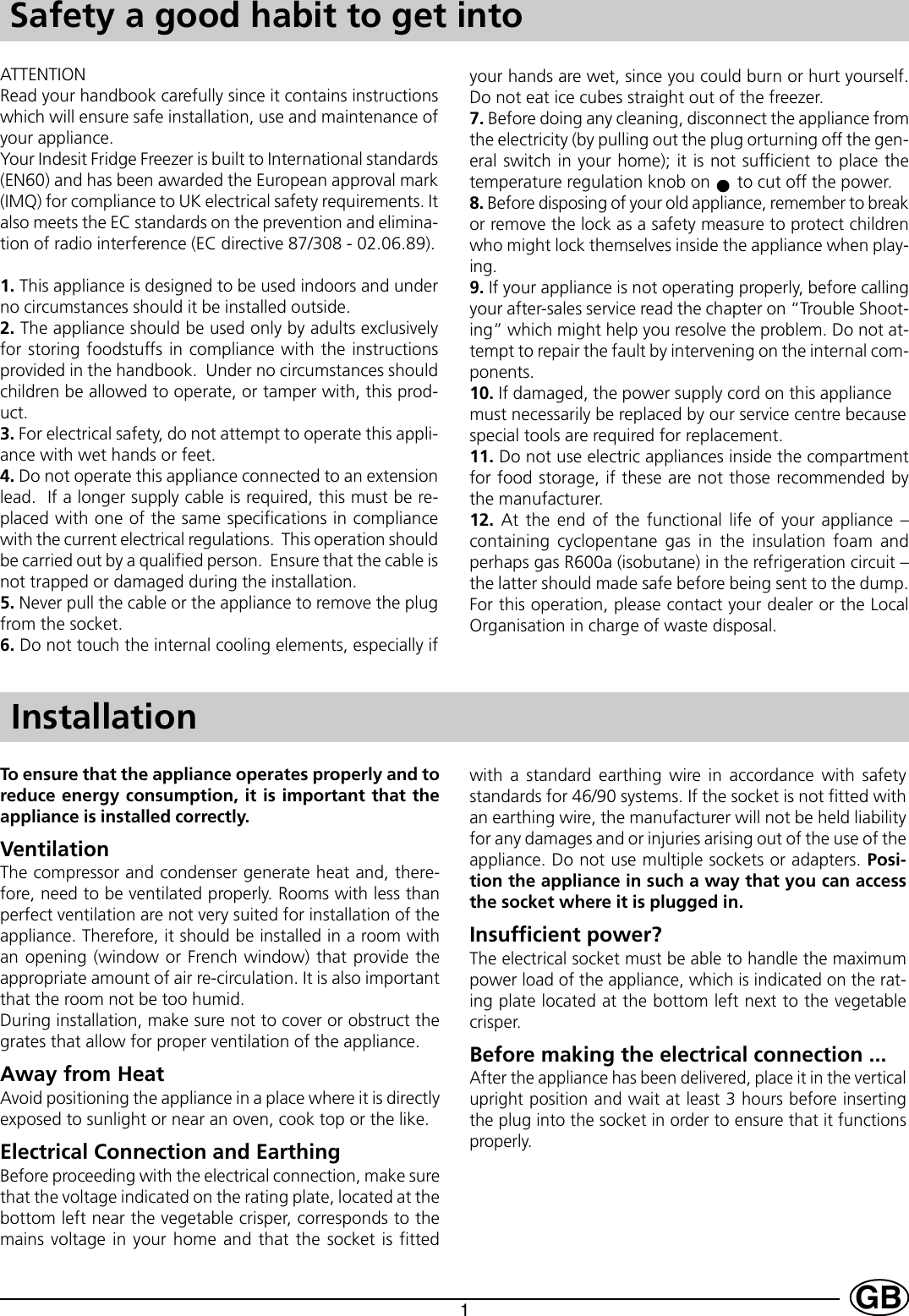 Page 3 of 12 - Indesit Indesit-Gse-160-Uk-Instructions-For-Installation-And-Use- 22634cop  Indesit-gse-160-uk-instructions-for-installation-and-use