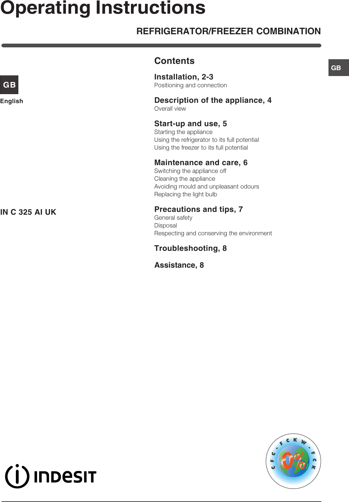 Page 1 of 8 - Indesit Indesit-In-C-325-Ai-Uk-Operating-Instructions- Tr8172gb_Doppia-Porta-180504  Indesit-in-c-325-ai-uk-operating-instructions