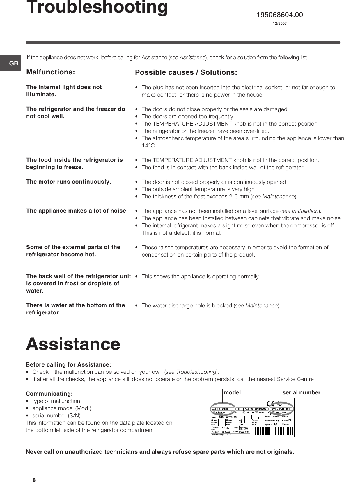 Page 8 of 8 - Indesit Indesit-In-C-325-Ai-Uk-Operating-Instructions- Tr8172gb_Doppia-Porta-180504  Indesit-in-c-325-ai-uk-operating-instructions
