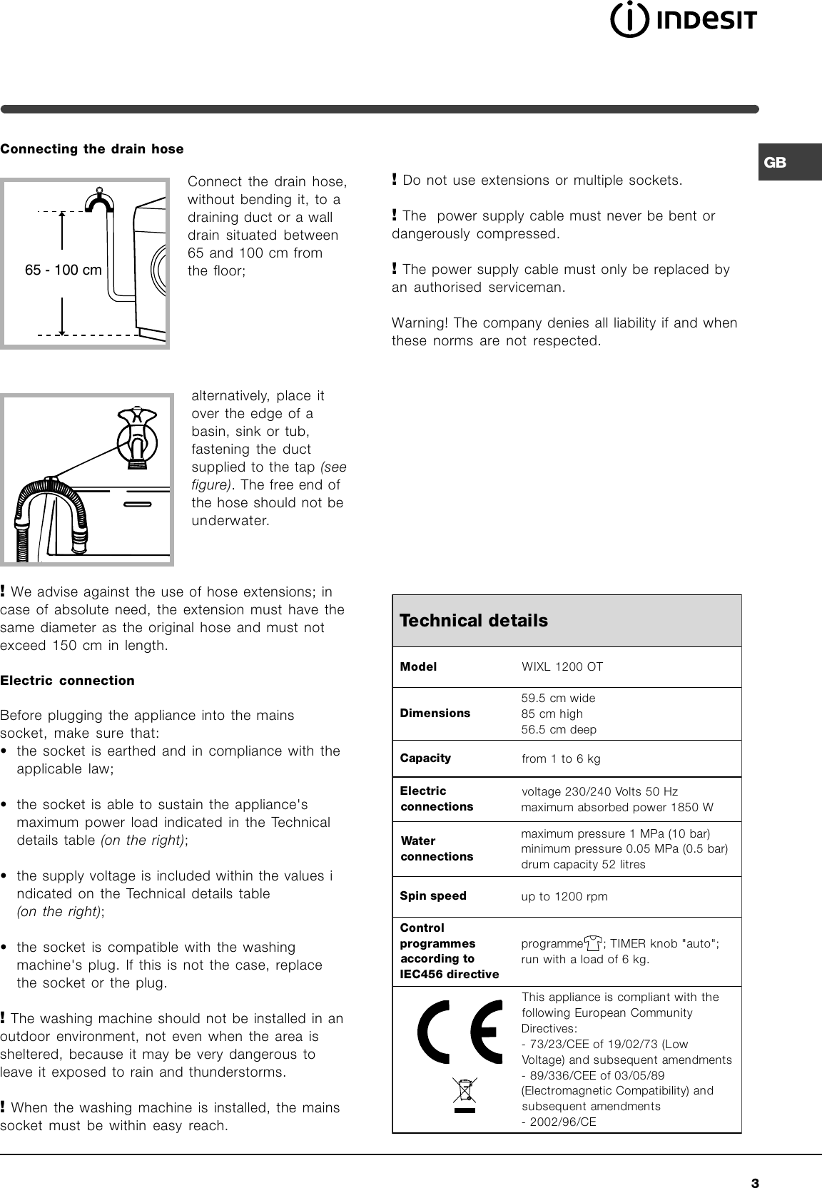 Page 3 of 12 - Indesit Indesit-Washing-Machine-Wixl-1200-Ot-Instruction-Manual- GB_WIXL 1200 OT (GB).p65  Indesit-washing-machine-wixl-1200-ot-instruction-manual