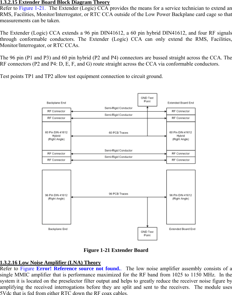  1.3.2.15 Extender Board Block Diagram Theory  Refer to Figure 1-21.  The Extender (Logic) CCA provides the means for a service technician to extend an RMS, Facilities, Monitor/Interrogator, or RTC CCA outside of the Low Power Backplane card cage so that measurements can be taken.  The Extender (Logic) CCA extends a 96 pin DIN41612, a 60 pin hybrid DIN41612, and four RF signals through conformable conductors. The Extender (Logic) CCA can only extend the RMS, Facilities, Monitor/Interrogator, or RTC CCAs.  The 96 pin (P1 and P3) and 60 pin hybrid (P2 and P4) connectors are bussed straight across the CCA. The RF connectors (P2 and P4: D, E, F, and G) route straight across the CCA via conformable conductors.  Test points TP1 and TP2 allow test equipment connection to circuit ground.    Figure 1-21 Extender Board  1.3.2.16 Low Noise Amplifier (LNA) Theory  Refer to Figure  Error! Reference source not found..  The low noise amplifier assembly consists of a single MMIC amplifier that is performance maximized for the RF band from 1025 to 1150 MHz.  In the system it is located on the preselector filter output and helps to greatly reduce the receiver noise figure by amplifying the received interrogations before they are split and sent to the receivers.  The module uses 5Vdc that is fed from either RTC down the RF coax cables.    