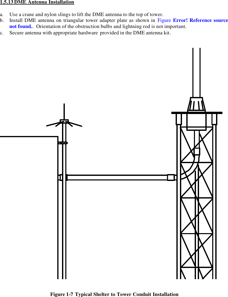 1.5.13 DME Antenna Installation  a. Use a crane and nylon slings to lift the DME antenna to the top of tower. b. Install DME antenna on triangular tower adapter plate as shown in Figure  Error! Reference source not found..  Orientation of the obstruction bulbs and lightning rod is not important. c. Secure antenna with appropriate hardware  provided in the DME antenna kit.      Figure 1-7 Typical Shelter to Tower Conduit Installation  