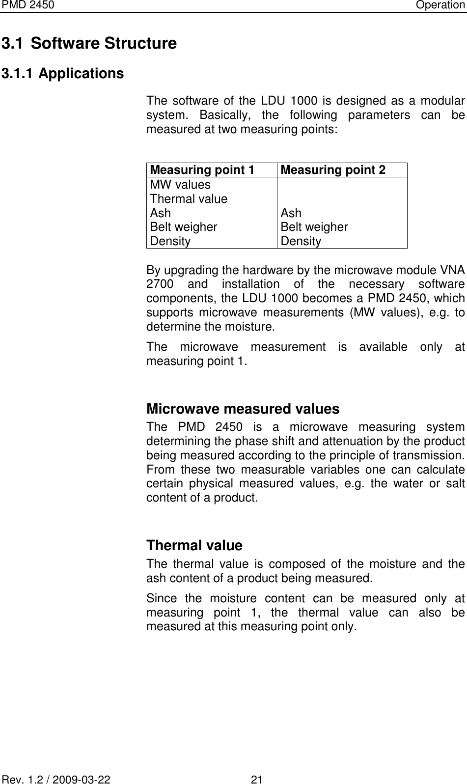 PMD 2450    Operation Rev. 1.2 / 2009-03-22                                             21 3.1 Software Structure  3.1.1 Applications  The software of the LDU 1000 is designed as a modular system.  Basically,  the  following  parameters  can  be measured at two measuring points:  Measuring point 1 Measuring point 2 MW values  Thermal value  Ash Ash Belt weigher Belt weigher Density Density  By upgrading the hardware by the microwave module VNA 2700  and  installation  of  the  necessary  software components, the LDU 1000 becomes a PMD 2450, which supports  microwave  measurements (MW  values),  e.g.  to determine the moisture. The  microwave  measurement  is  available  only  at measuring point 1.  Microwave measured values  The  PMD  2450  is  a  microwave  measuring  system determining the phase shift and attenuation by the product being measured according to the principle of transmission. From  these  two  measurable  variables  one  can  calculate certain  physical  measured  values,  e.g.  the  water  or  salt content of a product.  Thermal value  The  thermal  value  is  composed  of  the  moisture  and  the ash content of a product being measured. Since  the  moisture  content  can  be  measured  only  at measuring  point  1,  the  thermal  value  can  also  be measured at this measuring point only.     