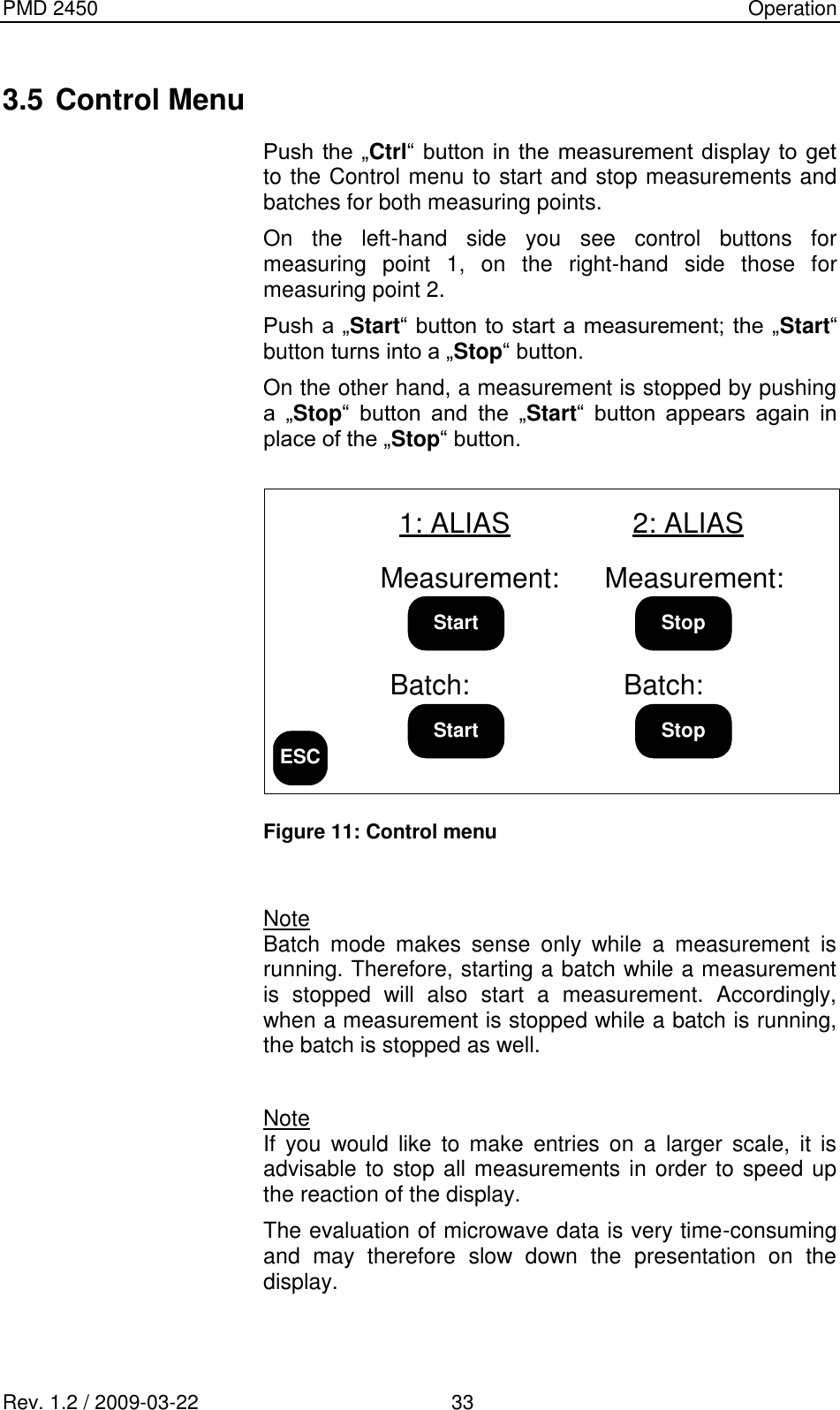 PMD 2450    Operation Rev. 1.2 / 2009-03-22                                             33 3.5 Control Menu Push  the  „Ctrl“  button in  the measurement display to get to the Control menu to start and stop measurements and batches for both measuring points. On  the  left-hand  side  you  see  control  buttons  for measuring  point  1,  on  the  right-hand  side  those  for measuring point 2. Push a „Start“ button to start a measurement; the „Start“ button turns into a „Stop“ button. On the other hand, a measurement is stopped by pushing a  „Stop“  button  and  the  „Start“  button  appears  again  in place of the „Stop“ button.  ESC1: ALIASMeasurement:2: ALIASBatch:Batch:StartStart StopStopMeasurement: Figure 11: Control menu    Note Batch  mode  makes  sense  only  while  a  measurement  is running. Therefore, starting a batch while a measurement is  stopped  will  also  start  a  measurement.  Accordingly, when a measurement is stopped while a batch is running, the batch is stopped as well.  Note If  you  would  like  to  make  entries  on  a  larger  scale,  it  is advisable to stop all measurements in order to speed up the reaction of the display. The evaluation of microwave data is very time-consuming and  may  therefore  slow  down  the  presentation  on  the display.  