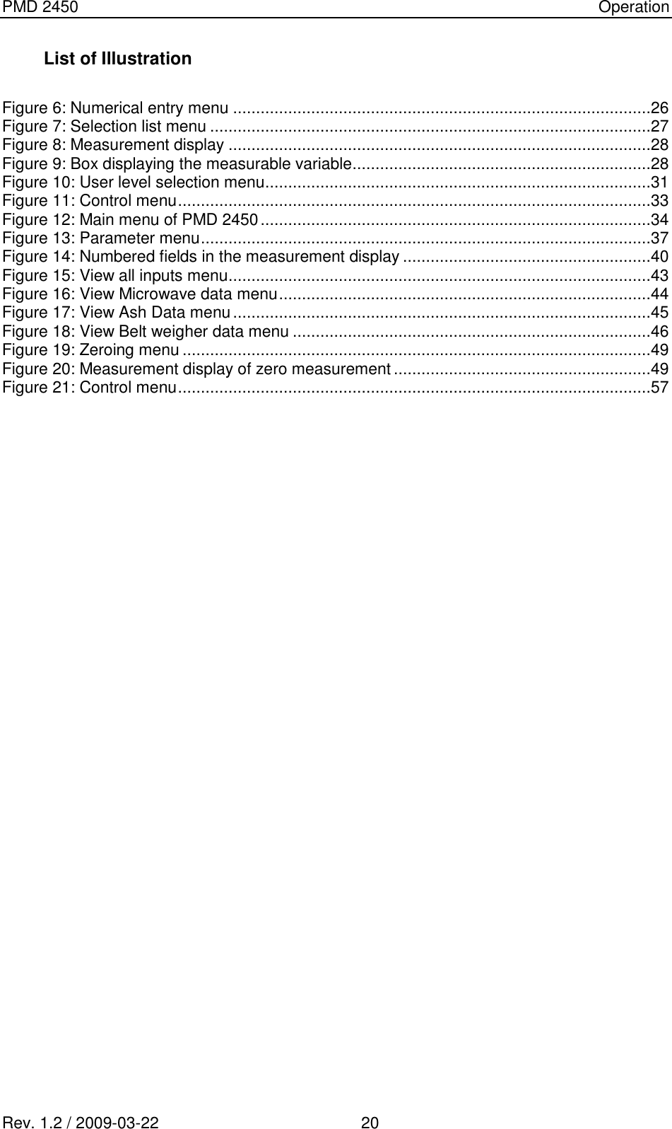 PMD 2450    Operation Rev. 1.2 / 2009-03-22                                             20 List of Illustration  Figure 6: Numerical entry menu ...........................................................................................26 Figure 7: Selection list menu ................................................................................................27 Figure 8: Measurement display ............................................................................................28 Figure 9: Box displaying the measurable variable .................................................................28 Figure 10: User level selection menu ....................................................................................31 Figure 11: Control menu .......................................................................................................33 Figure 12: Main menu of PMD 2450 .....................................................................................34 Figure 13: Parameter menu ..................................................................................................37 Figure 14: Numbered fields in the measurement display ......................................................40 Figure 15: View all inputs menu ............................................................................................43 Figure 16: View Microwave data menu .................................................................................44 Figure 17: View Ash Data menu ...........................................................................................45 Figure 18: View Belt weigher data menu ..............................................................................46 Figure 19: Zeroing menu ......................................................................................................49 Figure 20: Measurement display of zero measurement ........................................................49 Figure 21: Control menu .......................................................................................................57                       