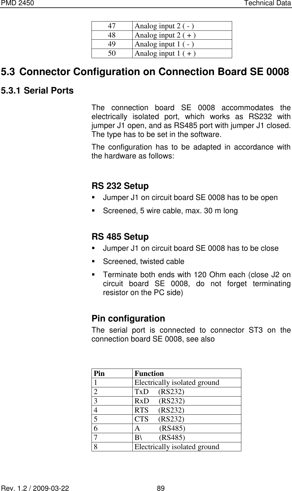 PMD 2450    Technical Data Rev. 1.2 / 2009-03-22                                             89 47 Analog input 2 ( - ) 48 Analog input 2 ( + ) 49 Analog input 1 ( - ) 50 Analog input 1 ( + ) 5.3 Connector Configuration on Connection Board SE 0008  5.3.1 Serial Ports The  connection  board  SE  0008  accommodates  the electrically  isolated  port,  which  works  as  RS232  with jumper J1 open, and as RS485 port with jumper J1 closed. The type has to be set in the software. The  configuration  has  to  be  adapted  in  accordance  with the hardware as follows:  RS 232 Setup   Jumper J1 on circuit board SE 0008 has to be open   Screened, 5 wire cable, max. 30 m long  RS 485 Setup   Jumper J1 on circuit board SE 0008 has to be close   Screened, twisted cable   Terminate both ends with 120 Ohm each (close J2 on circuit  board  SE  0008,  do  not  forget  terminating resistor on the PC side)  Pin configuration The  serial  port  is  connected  to  connector  ST3  on  the connection board SE 0008, see also    Pin Function 1 Electrically isolated ground 2 TxD     (RS232) 3 RxD     (RS232) 4 RTS     (RS232) 5 CTS     (RS232) 6 A          (RS485) 7 B\         (RS485) 8 Electrically isolated ground 