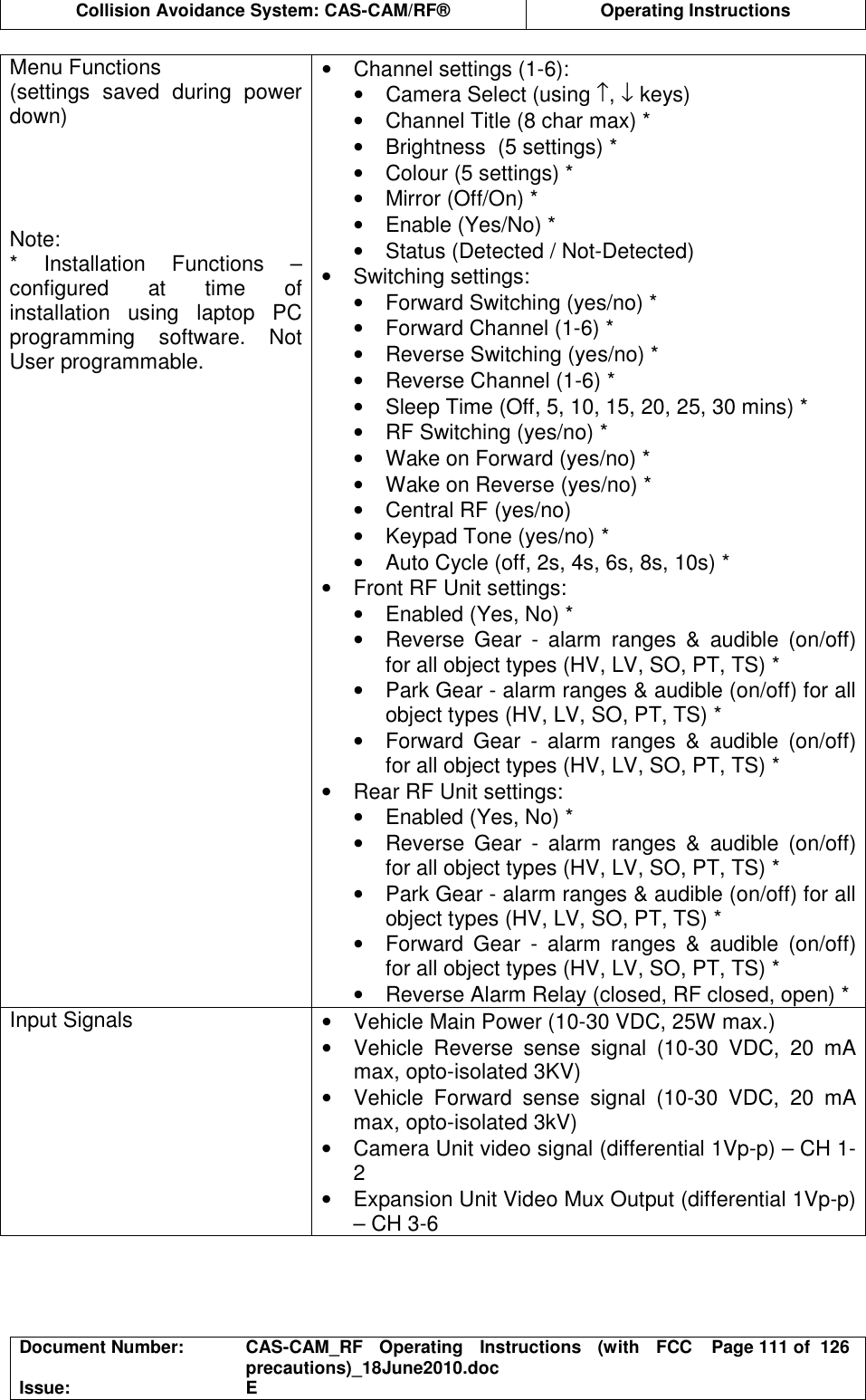  Collision Avoidance System: CAS-CAM/RF®  Operating Instructions  Document Number:  CAS-CAM_RF  Operating  Instructions  (with  FCC precautions)_18June2010.doc  Page 111 of  126 Issue:  E  Menu Functions (settings  saved  during  power down)     Note: *  Installation  Functions  – configured  at  time  of installation  using  laptop  PC programming  software.  Not User programmable. •  Channel settings (1-6): •  Camera Select (using ↑, ↓ keys) •  Channel Title (8 char max) * •  Brightness  (5 settings) * •  Colour (5 settings) * •  Mirror (Off/On) * •  Enable (Yes/No) * •  Status (Detected / Not-Detected) •  Switching settings: •  Forward Switching (yes/no) * •  Forward Channel (1-6) * •  Reverse Switching (yes/no) * •  Reverse Channel (1-6) * •  Sleep Time (Off, 5, 10, 15, 20, 25, 30 mins) * •  RF Switching (yes/no) * •  Wake on Forward (yes/no) * •  Wake on Reverse (yes/no) * •  Central RF (yes/no) •  Keypad Tone (yes/no) * •  Auto Cycle (off, 2s, 4s, 6s, 8s, 10s) * •  Front RF Unit settings: •  Enabled (Yes, No) * •  Reverse  Gear  -  alarm  ranges  &amp;  audible  (on/off) for all object types (HV, LV, SO, PT, TS) * •  Park Gear - alarm ranges &amp; audible (on/off) for all object types (HV, LV, SO, PT, TS) * •  Forward  Gear  -  alarm  ranges  &amp;  audible  (on/off) for all object types (HV, LV, SO, PT, TS) * •  Rear RF Unit settings: •  Enabled (Yes, No) * •  Reverse  Gear  -  alarm  ranges  &amp;  audible  (on/off) for all object types (HV, LV, SO, PT, TS) * •  Park Gear - alarm ranges &amp; audible (on/off) for all object types (HV, LV, SO, PT, TS) * •  Forward  Gear  -  alarm  ranges  &amp;  audible  (on/off) for all object types (HV, LV, SO, PT, TS) * •  Reverse Alarm Relay (closed, RF closed, open) * Input Signals  •  Vehicle Main Power (10-30 VDC, 25W max.) •  Vehicle  Reverse  sense  signal  (10-30  VDC,  20  mA max, opto-isolated 3KV) •  Vehicle  Forward  sense  signal  (10-30  VDC,  20  mA max, opto-isolated 3kV) •  Camera Unit video signal (differential 1Vp-p) – CH 1-2 •  Expansion Unit Video Mux Output (differential 1Vp-p) – CH 3-6 