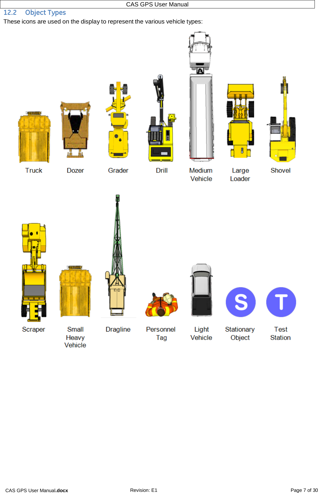 CAS GPS User Manual.docx Revision: E1 Page 7 of 30 CAS GPS User Manual  12.2  Object Types These icons are used on the display to represent the various vehicle types:       