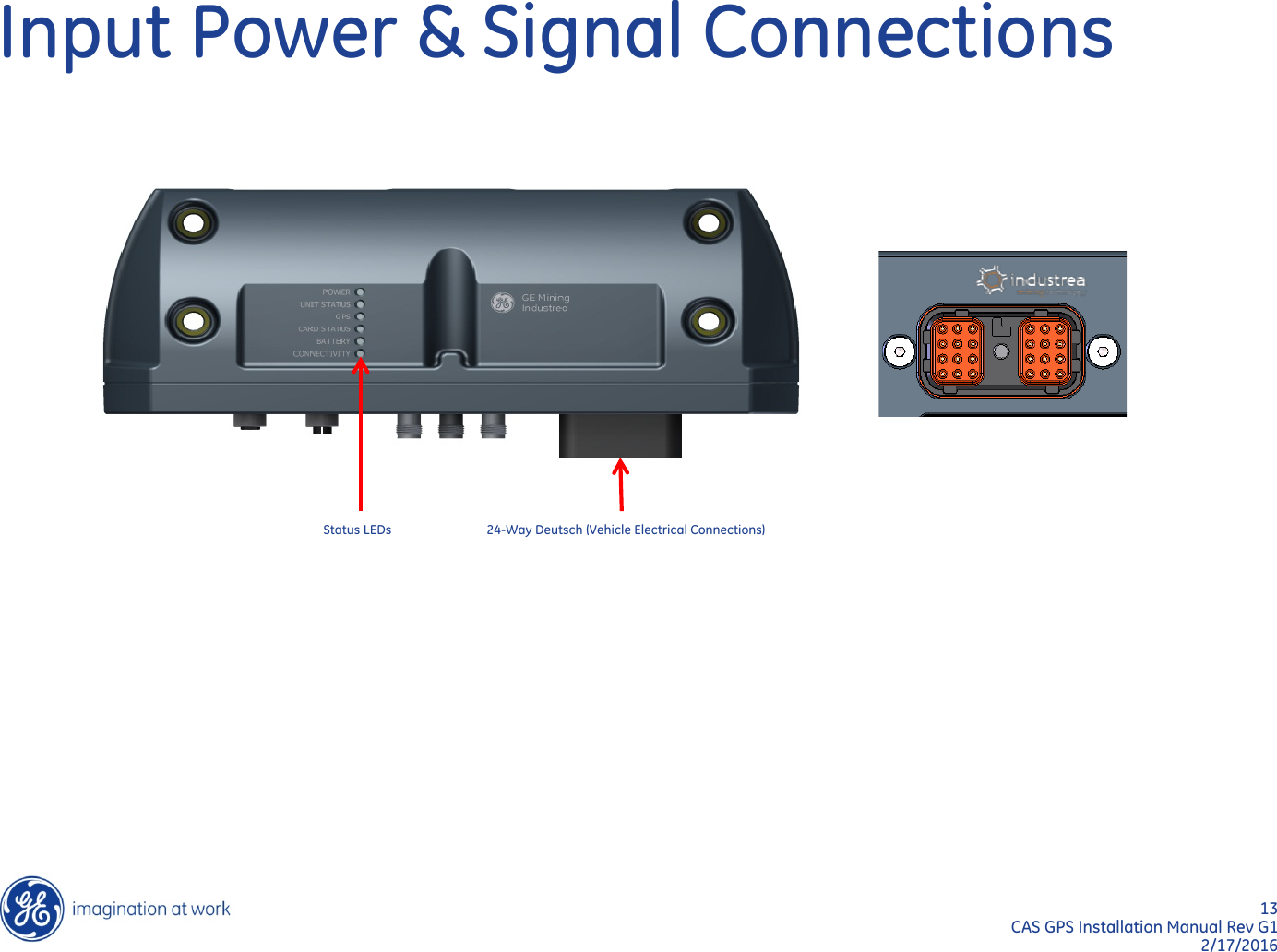 13  CAS GPS Installation Manual Rev G1 2/17/2016 Input Power &amp; Signal Connections 24-Way Deutsch (Vehicle Electrical Connections) Status LEDs 