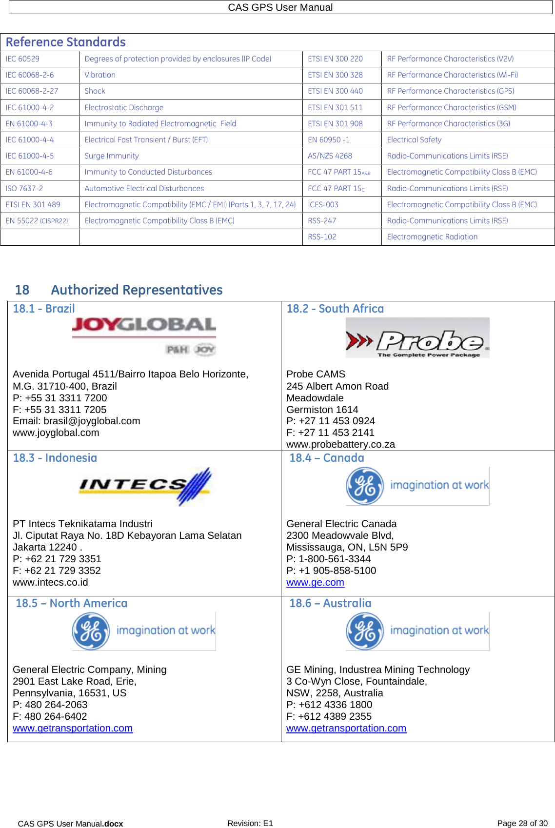 CAS GPS User Manual.docx Revision: E1 Page 28 of 30 CAS GPS User Manual  Reference Standards IEC 60529 Degrees of protection provided by enclosures (IP Code) ETSI EN 300 220 RF Performance Characteristics (V2V) IEC 60068-2-6  Vibration ETSI EN 300 328 RF Performance Characteristics (Wi-Fi) IEC 60068-2-27 Shock ETSI EN 300 440 RF Performance Characteristics (GPS) IEC 61000-4-2  Electrostatic Discharge ETSI EN 301 511 RF Performance Characteristics (GSM) EN 61000-4-3  Immunity to Radiated Electromagnetic  Field  ETSI EN 301 908 RF Performance Characteristics (3G) IEC 61000-4-4  Electrical Fast Transient / Burst (EFT) EN 60950 -1  Electrical Safety IEC 61000-4-5  Surge Immunity AS/NZS 4268 Radio-Communications Limits (RSE) EN 61000-4-6  Immunity to Conducted Disturbances FCC 47 PART 15A&amp;B Electromagnetic Compatibility Class B (EMC) ISO 7637-2  Automotive Electrical Disturbances FCC 47 PART 15C Radio-Communications Limits (RSE) ETSI EN 301 489 Electromagnetic Compatibility (EMC / EMI) (Parts 1, 3, 7, 17, 24) ICES-003 Electromagnetic Compatibility Class B (EMC) EN 55022 (CISPR22) Electromagnetic Compatibility Class B (EMC) RSS-247 Radio-Communications Limits (RSE)     RSS-102 Electromagnetic Radiation   18  Authorized Representatives 18.1 - Brazil 18.2 - South Africa      Avenida Portugal 4511/Bairro Itapoa Belo Horizonte,  M.G. 31710-400, Brazil  P: +55 31 3311 7200 F: +55 31 3311 7205 Email: brasil@joyglobal.com  www.joyglobal.com Probe CAMS 245 Albert Amon Road Meadowdale Germiston 1614 P: +27 11 453 0924 F: +27 11 453 2141  www.probebattery.co.za 18.3 - Indonesia  18.4 – Canada       PT Intecs Teknikatama Industri Jl. Ciputat Raya No. 18D Kebayoran Lama Selatan Jakarta 12240 . P: +62 21 729 3351 F: +62 21 729 3352  www.intecs.co.id General Electric Canada 2300 Meadowvale Blvd, Mississauga, ON, L5N 5P9 P: 1-800-561-3344 P: +1 905-858-5100 www.ge.com  18.5 – North America  18.6 – Australia     General Electric Company, Mining 2901 East Lake Road, Erie, Pennsylvania, 16531, US P: 480 264-2063 F: 480 264-6402 www.getransportation.com GE Mining, Industrea Mining Technology 3 Co-Wyn Close, Fountaindale, NSW, 2258, Australia P: +612 4336 1800 F: +612 4389 2355 www.getransportation.com     