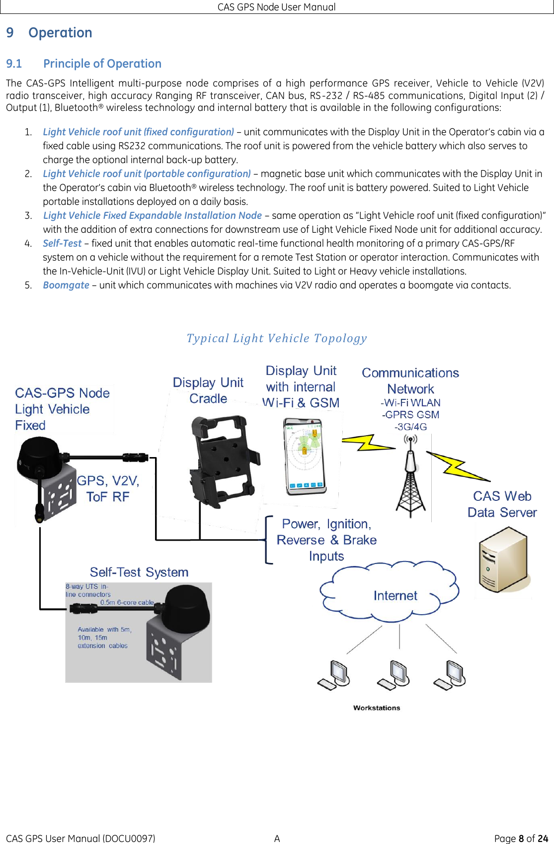 CAS GPS Node User Manual CAS GPS User Manual (DOCU0097)  A  Page 8 of 24 9 Operation 9.1 Principle of Operation The  CAS-GPS  Intelligent  multi-purpose  node  comprises  of  a  high  performance  GPS  receiver,  Vehicle  to  Vehicle  (V2V) radio transceiver, high accuracy Ranging RF transceiver, CAN bus, RS-232 / RS-485 communications, Digital Input (2) / Output (1), Bluetooth® wireless technology and internal battery that is available in the following configurations: 1. Light Vehicle roof unit (fixed configuration) – unit communicates with the Display Unit in the Operator’s cabin via a fixed cable using RS232 communications. The roof unit is powered from the vehicle battery which also serves to charge the optional internal back-up battery.  2. Light Vehicle roof unit (portable configuration) – magnetic base unit which communicates with the Display Unit in the Operator’s cabin via Bluetooth® wireless technology. The roof unit is battery powered. Suited to Light Vehicle portable installations deployed on a daily basis. 3. Light Vehicle Fixed Expandable Installation Node – same operation as “Light Vehicle roof unit (fixed configuration)” with the addition of extra connections for downstream use of Light Vehicle Fixed Node unit for additional accuracy. 4. Self-Test – fixed unit that enables automatic real-time functional health monitoring of a primary CAS-GPS/RF system on a vehicle without the requirement for a remote Test Station or operator interaction. Communicates with the In-Vehicle-Unit (IVU) or Light Vehicle Display Unit. Suited to Light or Heavy vehicle installations. 5. Boomgate – unit which communicates with machines via V2V radio and operates a boomgate via contacts.  Typical Light Vehicle Topology     