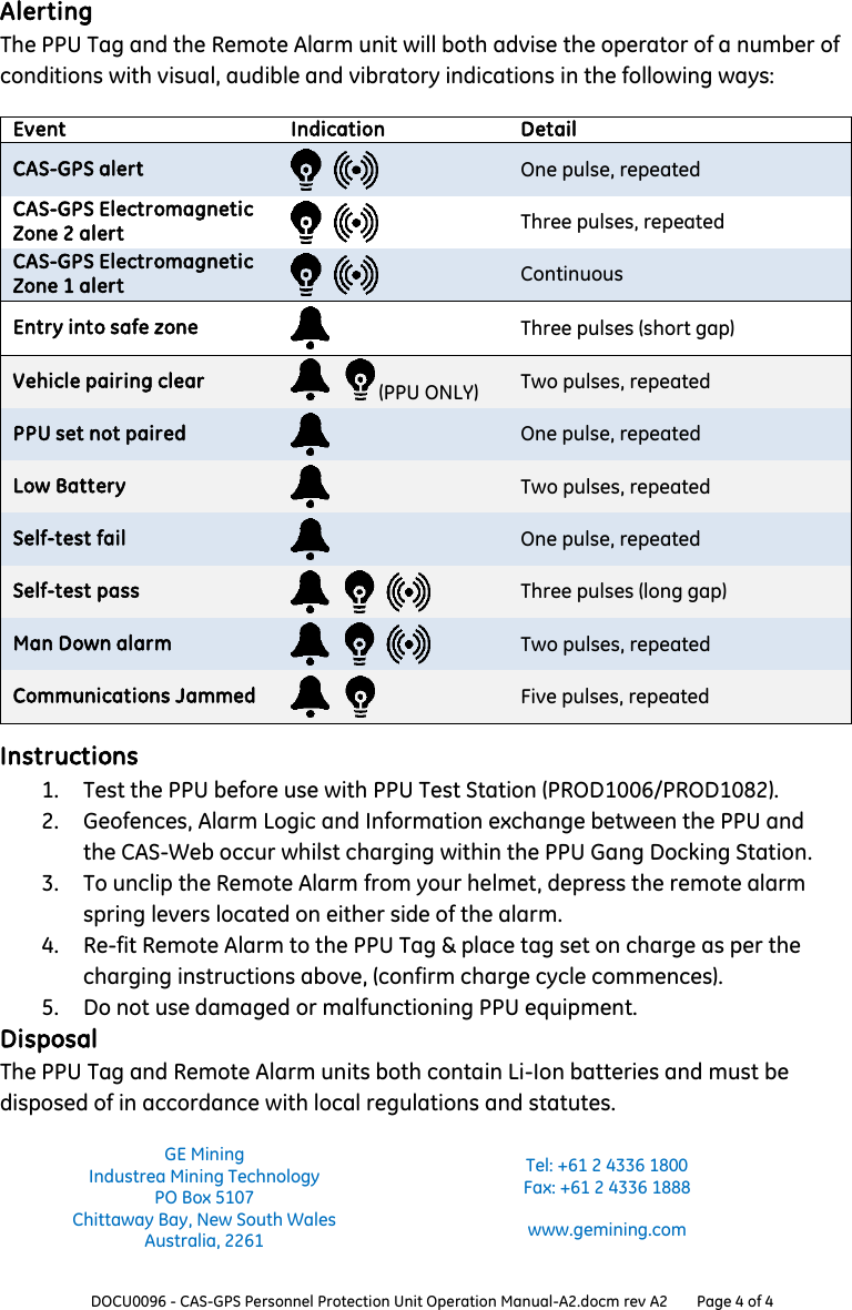  DOCU0096 - CAS-GPS Personnel Protection Unit Operation Manual-A2.docm rev A2 Page 4 of 4  Alerting The PPU Tag and the Remote Alarm unit will both advise the operator of a number of conditions with visual, audible and vibratory indications in the following ways: Event Indication Detail CAS-GPS alert  One pulse, repeated CAS-GPS Electromagnetic Zone 2 alert  Three pulses, repeated CAS-GPS Electromagnetic Zone 1 alert  Continuous Entry into safe zone  Three pulses (short gap) Vehicle pairing clear  (PPU ONLY) Two pulses, repeated PPU set not paired  One pulse, repeated Low Battery  Two pulses, repeated Self-test fail  One pulse, repeated Self-test pass  Three pulses (long gap) Man Down alarm  Two pulses, repeated Communications Jammed  Five pulses, repeated  Instructions 1. Test the PPU before use with PPU Test Station (PROD1006/PROD1082). 2. Geofences, Alarm Logic and Information exchange between the PPU and the CAS-Web occur whilst charging within the PPU Gang Docking Station. 3. To unclip the Remote Alarm from your helmet, depress the remote alarm spring levers located on either side of the alarm. 4. Re-fit Remote Alarm to the PPU Tag &amp; place tag set on charge as per the charging instructions above, (confirm charge cycle commences). 5. Do not use damaged or malfunctioning PPU equipment. Disposal The PPU Tag and Remote Alarm units both contain Li-Ion batteries and must be disposed of in accordance with local regulations and statutes. GE Mining Industrea Mining Technology PO Box 5107 Chittaway Bay, New South Wales Australia, 2261 Tel: +61 2 4336 1800 Fax: +61 2 4336 1888  www.gemining.com  