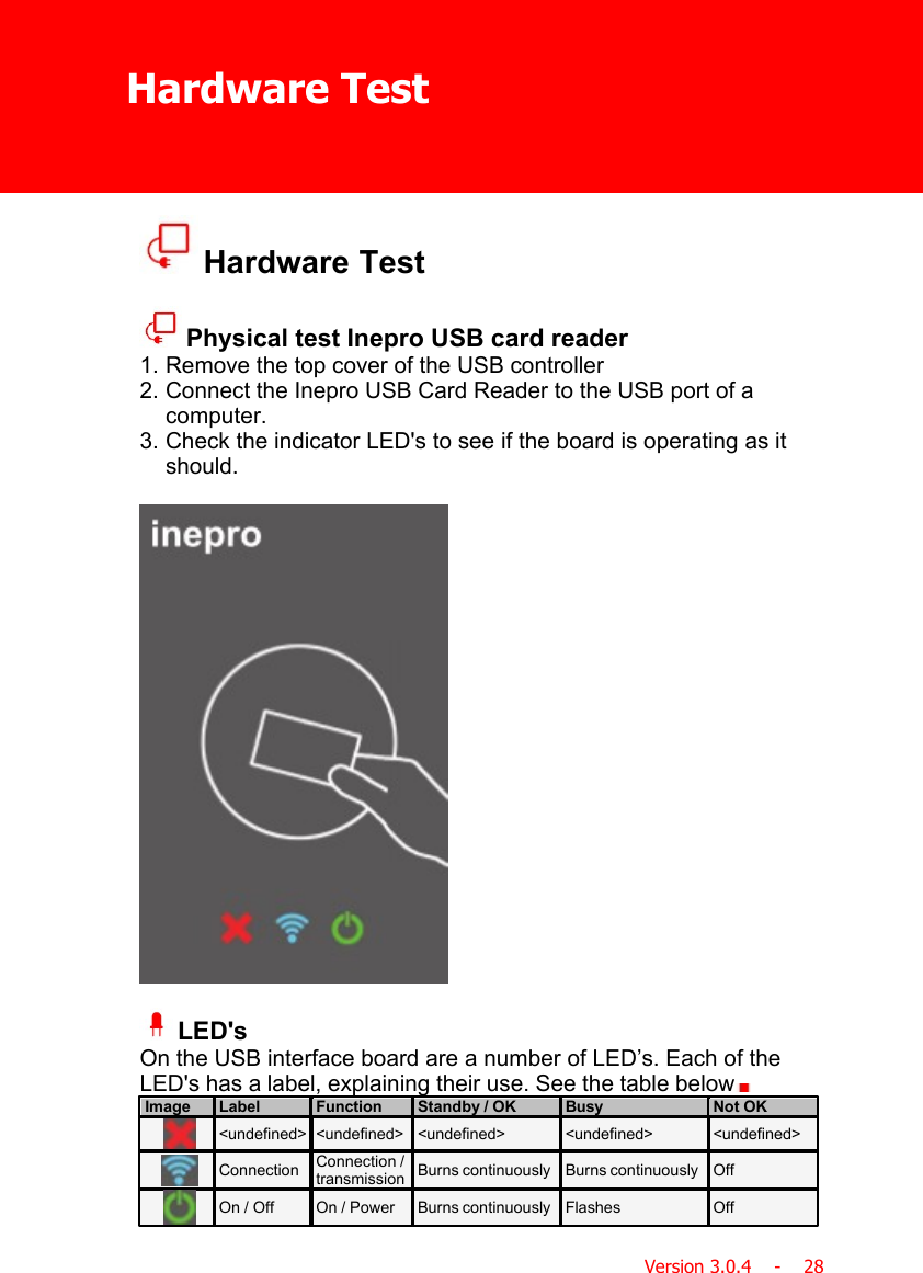 Hardware TestVersion 3.0.4    -    28 Hardware Test Physical test Inepro USB card reader1. Remove the top cover of the USB controller2. Connect the Inepro USB Card Reader to the USB port of acomputer.3. Check the indicator LED&apos;s to see if the board is operating as itshould. LED&apos;sOn the USB interface board are a number of LED’s. Each of theLED&apos;s has a label, explaining their use. See the table below  ImageLabelFunctionStandby / OKBusyNot OK&lt;undefined&gt;&lt;undefined&gt;&lt;undefined&gt;&lt;undefined&gt;&lt;undefined&gt;ConnectionConnection /transmissionBurns continuouslyBurns continuouslyOffOn / OffOn / PowerBurns continuouslyFlashesOff