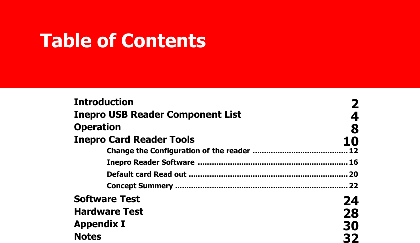 Table of ContentsIntroduction 2Inepro USB Reader Component List 4Operation 8Inepro Card Reader Tools 10......................................................................................... 12Change the Configuration of the reader ......................................................................................... 16Inepro Reader Software ......................................................................................... 20Default card Read out ......................................................................................... 22Concept Summery Software Test 24Hardware Test 28Appendix I 30Notes 32