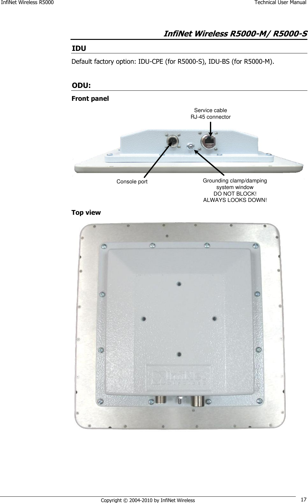 InfiNet Wireless R5000    Technical User Manual   Copyright © 2004-2010 by InfiNet Wireless 17  InfiNet Wireless R5000-M/ R5000-S IDU Default factory option: IDU-CPE (for R5000-S), IDU-BS (for R5000-M).  ODU: Front panel Console port Grounding clamp/damping system windowDO NOT BLOCK!ALWAYS LOOKS DOWN!Service cable RJ-45 connector Top view  