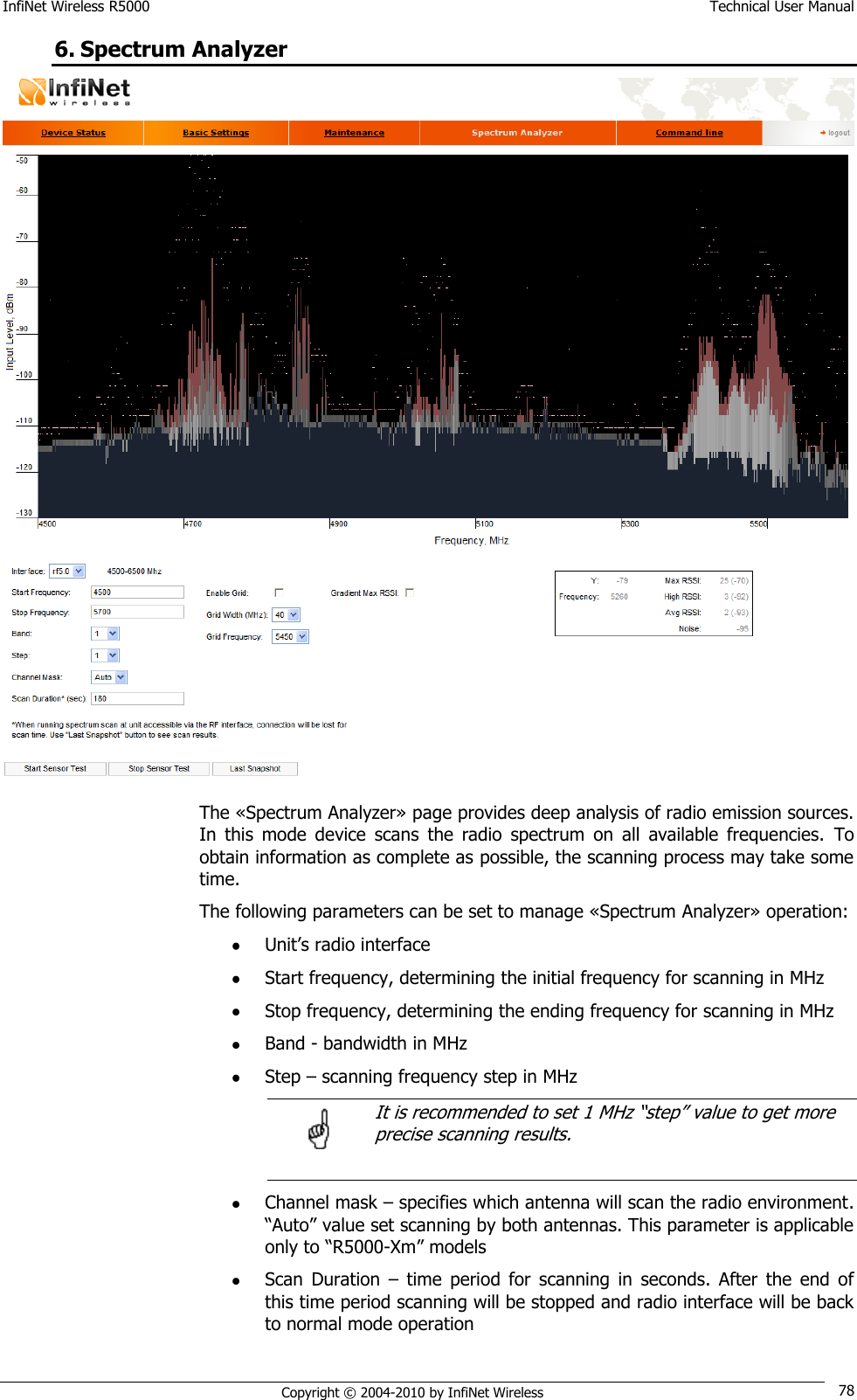 InfiNet Wireless R5000    Technical User Manual   Copyright © 2004-2010 by InfiNet Wireless 78 6. Spectrum Analyzer  The «Spectrum Analyzer» page provides deep analysis of radio emission sources. In  this  mode  device  scans  the  radio  spectrum  on  all  available  frequencies.  To obtain information as complete as possible, the scanning process may take some time. The following parameters can be set to manage «Spectrum Analyzer» operation:  Unit‘s radio interface  Start frequency, determining the initial frequency for scanning in MHz  Stop frequency, determining the ending frequency for scanning in MHz  Band - bandwidth in MHz  Step – scanning frequency step in MHz      It is recommended to set 1 MHz ―step‖ value to get more   precise scanning results.   Channel mask – specifies which antenna will scan the radio environment. ―Auto‖ value set scanning by both antennas. This parameter is applicable only to ―R5000-Xm‖ models  Scan  Duration  –  time  period  for  scanning  in  seconds.  After  the  end  of this time period scanning will be stopped and radio interface will be back to normal mode operation  