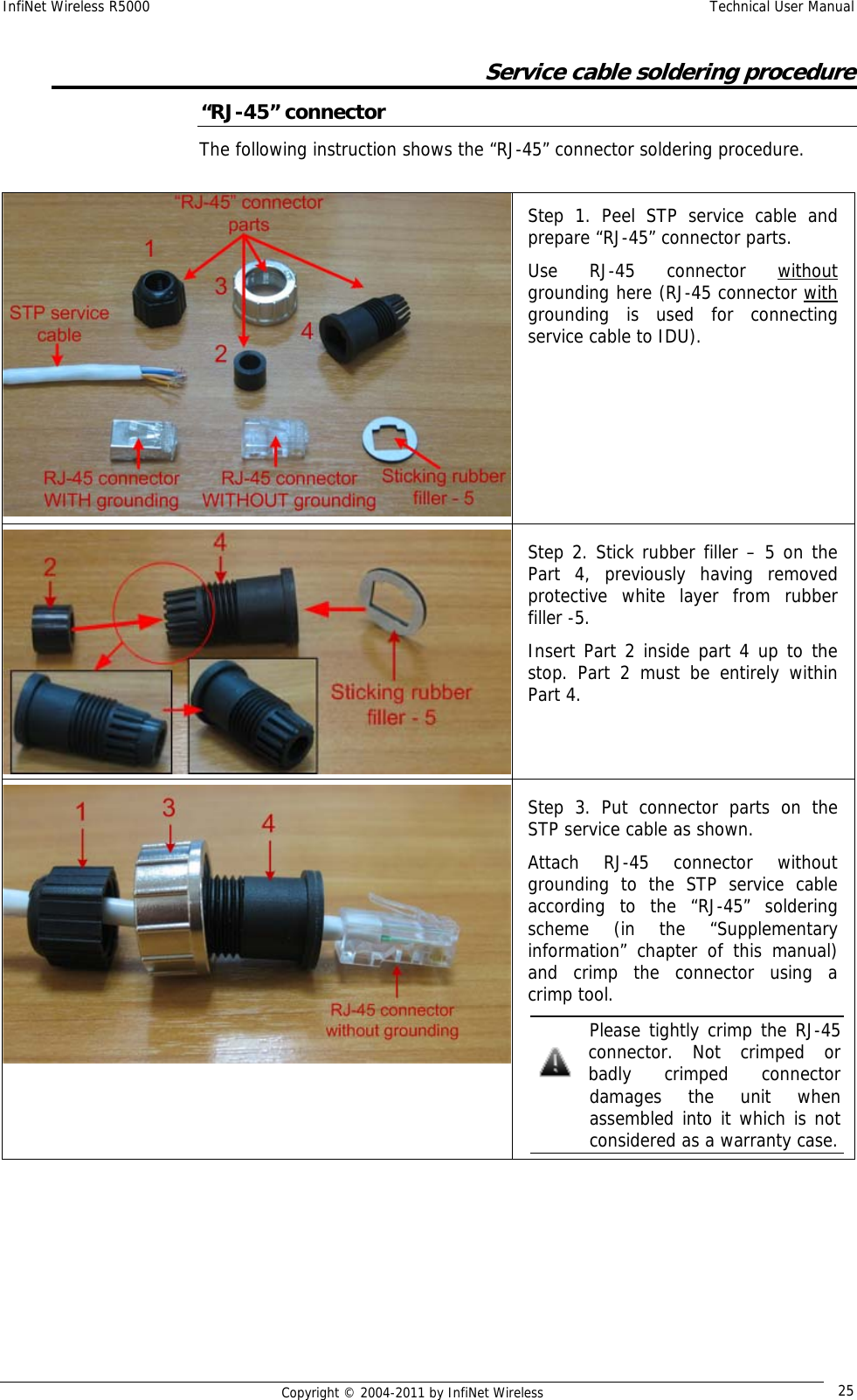 InfiNet Wireless R5000    Technical User Manual   Copyright © 2004-2011 by InfiNet Wireless  25Service cable soldering procedure “RJ-45” connector The following instruction shows the “RJ-45” connector soldering procedure.  Step 1. Peel STP service cable and prepare “RJ-45” connector parts.  Use RJ-45 connector without grounding here (RJ-45 connector with grounding is used for connecting service cable to IDU). Step 2. Stick rubber filler – 5 on the Part 4, previously having removed protective white layer from rubber filler -5. Insert Part 2 inside part 4 up to the stop. Part 2 must be entirely within Part 4. Step 3. Put connector parts on the STP service cable as shown. Attach RJ-45 connector without grounding to the STP service cable according to the “RJ-45” soldering scheme (in the “Supplementary information” chapter of this manual) and crimp the connector using a crimp tool.   Please tightly crimp the RJ-45 connector. Not crimped or badly crimped connector damages the unit when assembled into it which is not considered as a warranty case. 