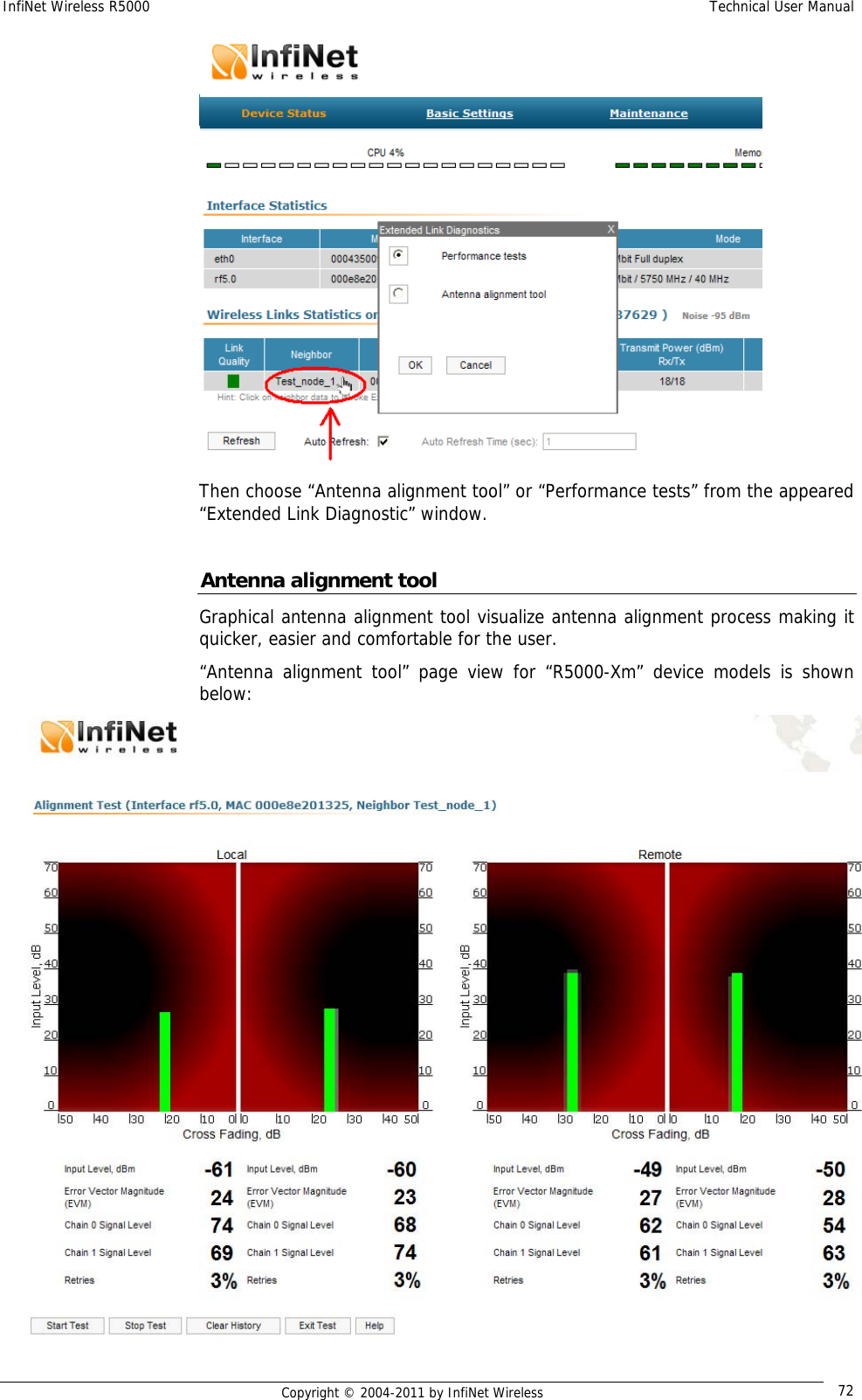 InfiNet Wireless R5000    Technical User Manual   Copyright © 2004-2011 by InfiNet Wireless  72 Then choose “Antenna alignment tool” or “Performance tests” from the appeared “Extended Link Diagnostic” window.  Antenna alignment tool Graphical antenna alignment tool visualize antenna alignment process making it quicker, easier and comfortable for the user. “Antenna alignment tool” page view for “R5000-Xm” device models is shown below:  