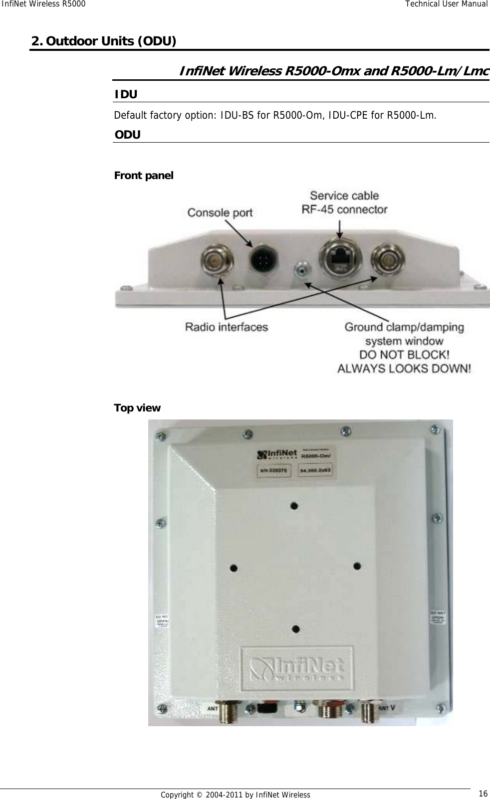 InfiNet Wireless R5000    Technical User Manual   Copyright © 2004-2011 by InfiNet Wireless  162. Outdoor Units (ODU) InfiNet Wireless R5000-Omx and R5000-Lm/Lmc IDU Default factory option: IDU-BS for R5000-Om, IDU-CPE for R5000-Lm. ODU  Front panel   Top view   