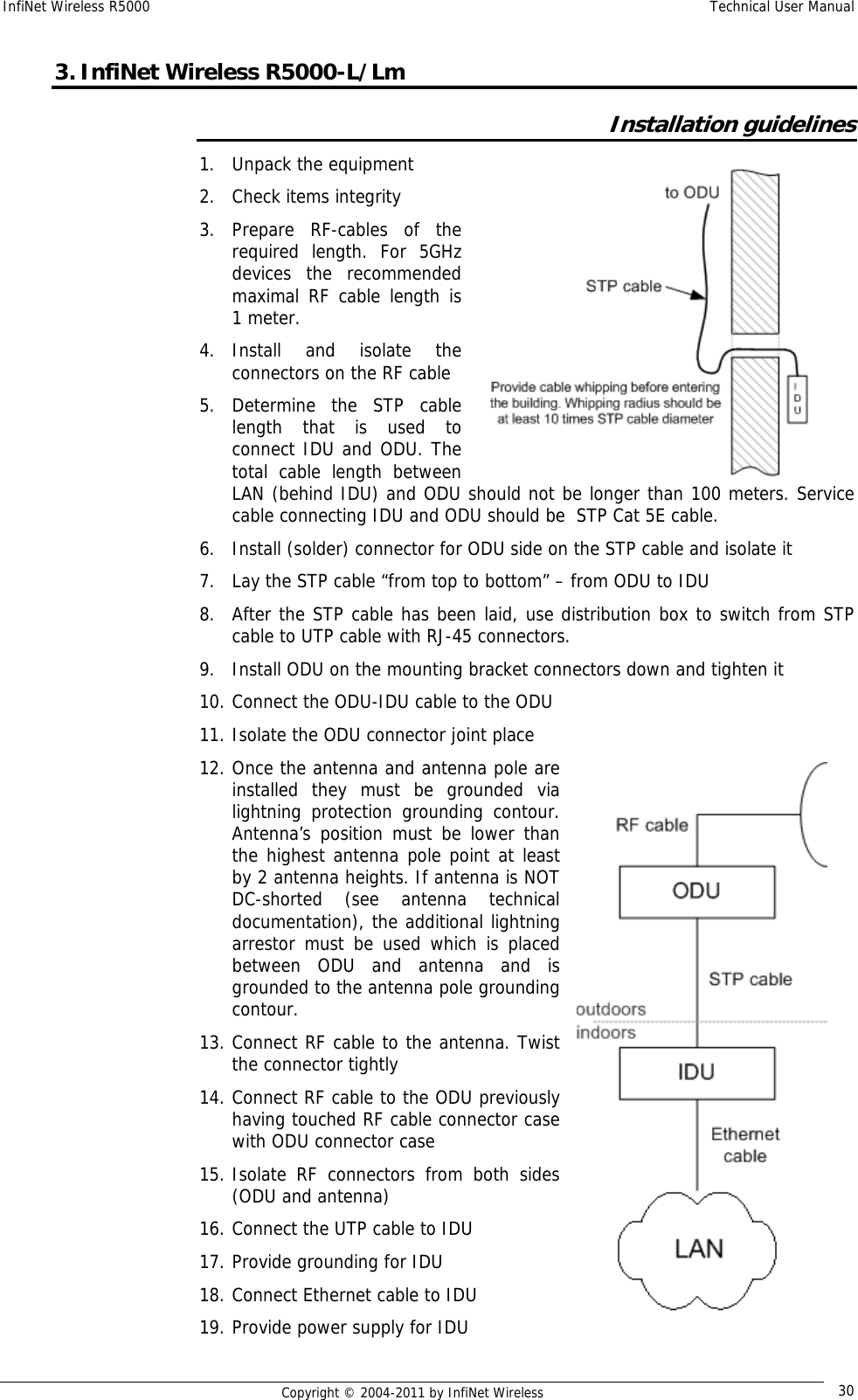 InfiNet Wireless R5000    Technical User Manual   Copyright © 2004-2011 by InfiNet Wireless  303. InfiNet Wireless R5000-L/Lm  Installation guidelines 1. Unpack the equipment 2. Check items integrity 3. Prepare RF-cables of the required length. For 5GHz devices the recommended maximal RF cable length is 1 meter. 4. Install and isolate the connectors on the RF cable 5. Determine the STP cable length that is used to connect IDU and ODU. The total cable length between LAN (behind IDU) and ODU should not be longer than 100 meters. Service cable connecting IDU and ODU should be  STP Cat 5E cable. 6. Install (solder) connector for ODU side on the STP cable and isolate it 7. Lay the STP cable “from top to bottom” – from ODU to IDU 8. After the STP cable has been laid, use distribution box to switch from STP cable to UTP cable with RJ-45 connectors. 9. Install ODU on the mounting bracket connectors down and tighten it 10. Connect the ODU-IDU cable to the ODU 11. Isolate the ODU connector joint place 12. Once the antenna and antenna pole are installed they must be grounded via lightning protection grounding contour. Antenna’s position must be lower than the highest antenna pole point at least by 2 antenna heights. If antenna is NOT DC-shorted (see antenna technical documentation), the additional lightning arrestor must be used which is placed between ODU and antenna and is grounded to the antenna pole grounding contour. 13. Connect RF cable to the antenna. Twist the connector tightly 14. Connect RF cable to the ODU previously having touched RF cable connector case with ODU connector case 15. Isolate RF connectors from both sides (ODU and antenna) 16. Connect the UTP cable to IDU 17. Provide grounding for IDU 18. Connect Ethernet cable to IDU 19. Provide power supply for IDU 