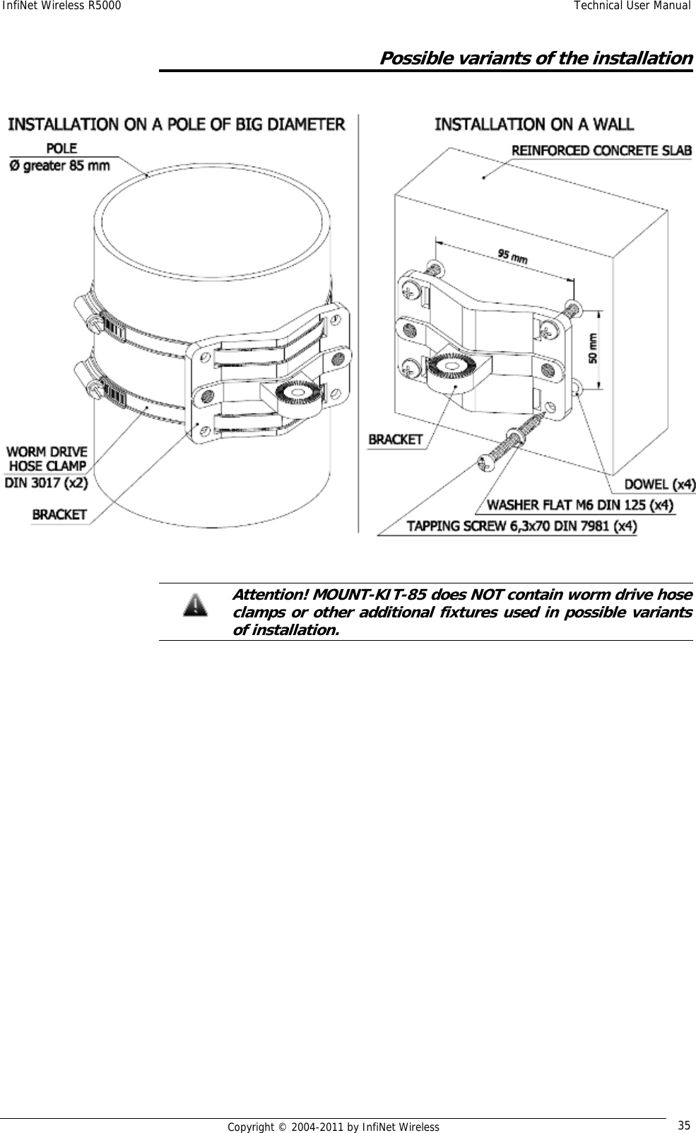 InfiNet Wireless R5000    Technical User Manual   Copyright © 2004-2011 by InfiNet Wireless  35Possible variants of the installation     Attention! MOUNT-KIT-85 does NOT contain worm drive hose clamps or other additional fixtures used in possible variants of installation.  