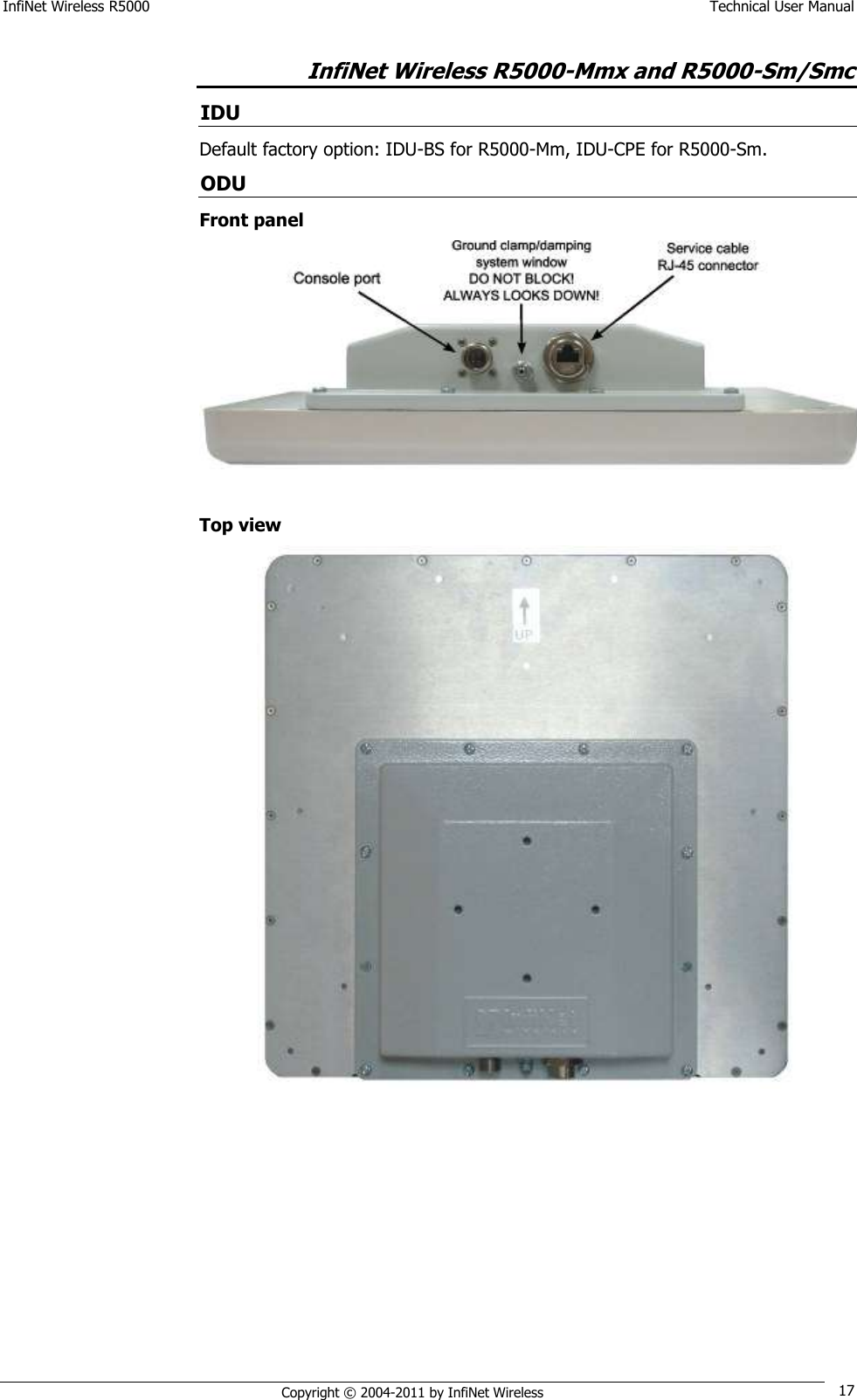 InfiNet Wireless R5000    Technical User Manual   Copyright © 2004-2011 by InfiNet Wireless 17 InfiNet Wireless R5000-Mmx and R5000-Sm/Smc IDU Default factory option: IDU-BS for R5000-Mm, IDU-CPE for R5000-Sm. ODU Front panel   Top view  