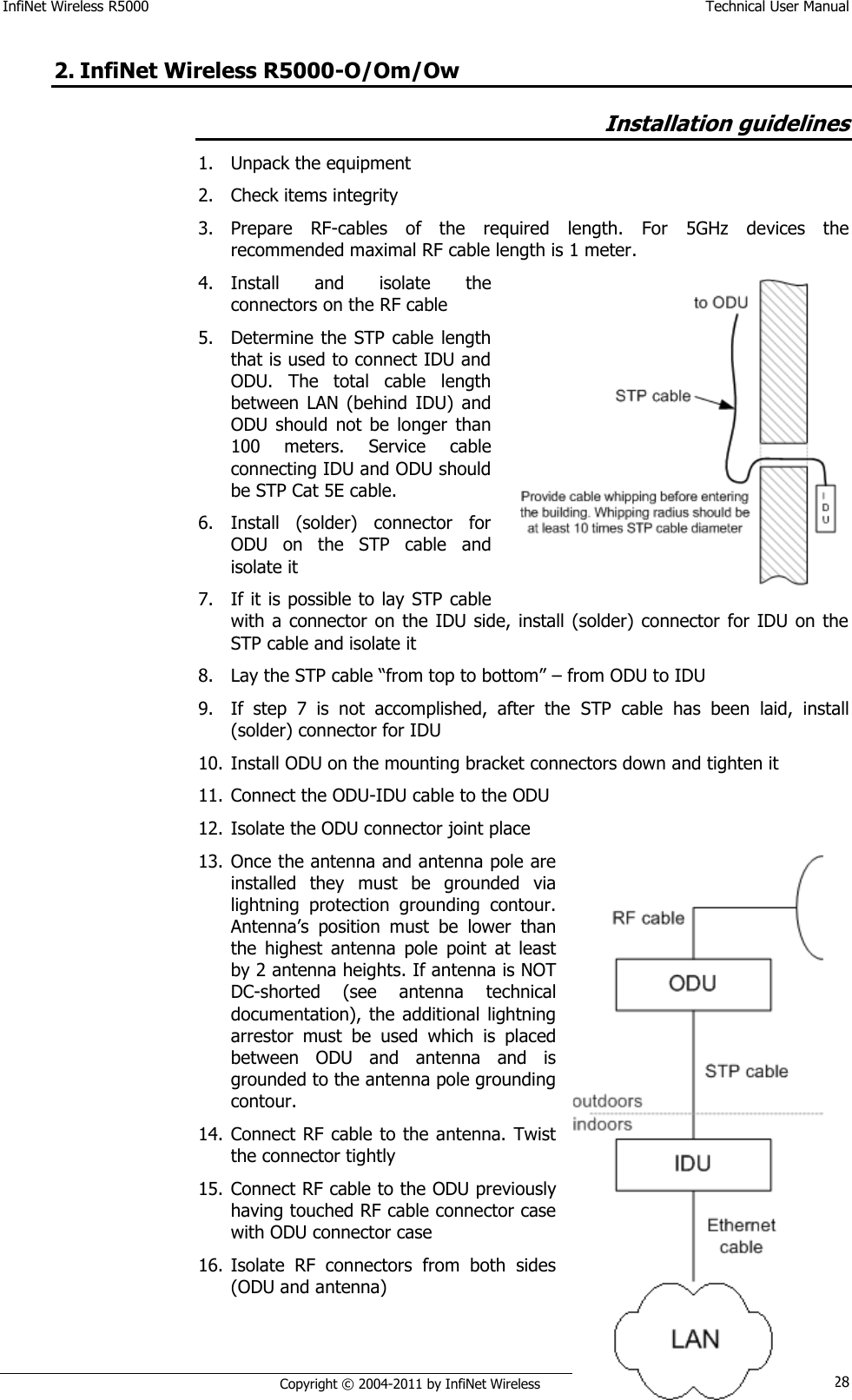 InfiNet Wireless R5000    Technical User Manual   Copyright © 2004-2011 by InfiNet Wireless 28 2. InfiNet Wireless R5000-O/Om/Ow  Installation guidelines 1. Unpack the equipment 2. Check items integrity 3. Prepare  RF-cables  of  the  required  length.  For  5GHz  devices  the recommended maximal RF cable length is 1 meter. 4. Install  and  isolate  the connectors on the RF cable 5. Determine  the  STP cable length that is used to connect IDU and ODU.  The  total  cable  length between  LAN (behind  IDU)  and ODU  should  not  be  longer  than 100  meters.  Service  cable connecting IDU and ODU should be STP Cat 5E cable. 6. Install  (solder)  connector  for ODU  on  the  STP  cable  and isolate it 7. If it is possible to lay STP  cable with a connector on  the IDU side,  install  (solder)  connector  for IDU on the STP cable and isolate it 8. Lay the STP cable ―from top to bottom‖ – from ODU to IDU 9. If  step  7  is  not  accomplished,  after  the  STP  cable  has  been  laid,  install (solder) connector for IDU 10. Install ODU on the mounting bracket connectors down and tighten it 11. Connect the ODU-IDU cable to the ODU 12. Isolate the ODU connector joint place 13. Once the antenna and antenna pole are installed  they  must  be  grounded  via lightning  protection  grounding  contour. Antenna‘s  position  must  be  lower  than the  highest  antenna  pole  point  at  least by 2 antenna heights. If antenna is NOT DC-shorted  (see  antenna  technical documentation), the additional lightning arrestor  must  be  used  which  is  placed between  ODU  and  antenna  and  is grounded to the antenna pole grounding contour. 14. Connect RF cable to the antenna. Twist the connector tightly 15. Connect RF cable to the ODU previously having touched RF cable connector case with ODU connector case 16. Isolate  RF  connectors  from  both  sides (ODU and antenna)   