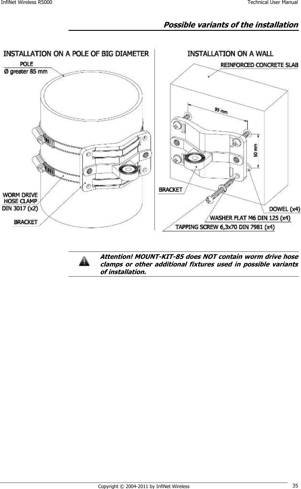 InfiNet Wireless R5000    Technical User Manual   Copyright © 2004-2011 by InfiNet Wireless 35 Possible variants of the installation     Attention! MOUNT-KIT-85 does NOT contain worm drive hose clamps  or  other  additional  fixtures  used  in  possible  variants of installation.  