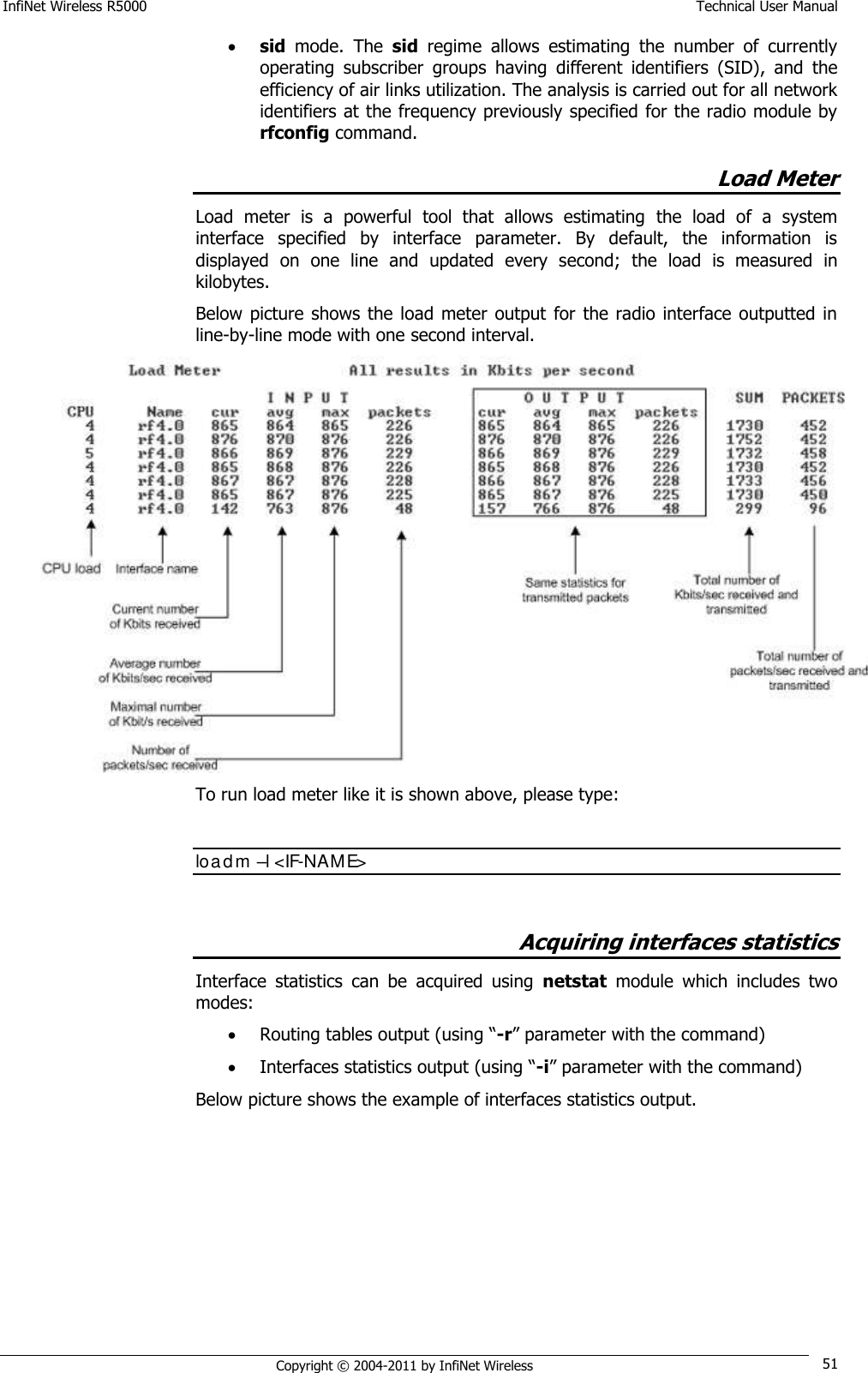 InfiNet Wireless R5000    Technical User Manual   Copyright © 2004-2011 by InfiNet Wireless 51  sid  mode.  The  sid  regime  allows  estimating  the  number  of  currently operating  subscriber  groups  having  different  identifiers  (SID),  and  the efficiency of air links utilization. The analysis is carried out for all network identifiers at the frequency previously specified for the radio module by rfconfig command.  Load Meter Load  meter  is  a  powerful  tool  that  allows  estimating  the  load  of  a  system interface  specified  by  interface  parameter.  By  default,  the  information  is displayed  on  one  line  and  updated  every  second;  the  load  is  measured  in kilobytes. Below picture shows the load  meter  output  for  the  radio  interface outputted in line-by-line mode with one second interval.  To run load meter like it is shown above, please type:  loadm –l &lt;IF-NAME&gt;  Acquiring interfaces statistics Interface  statistics  can  be  acquired  using  netstat  module  which  includes  two modes:  Routing tables output (using ―-r‖ parameter with the command)  Interfaces statistics output (using ―-i‖ parameter with the command) Below picture shows the example of interfaces statistics output. 