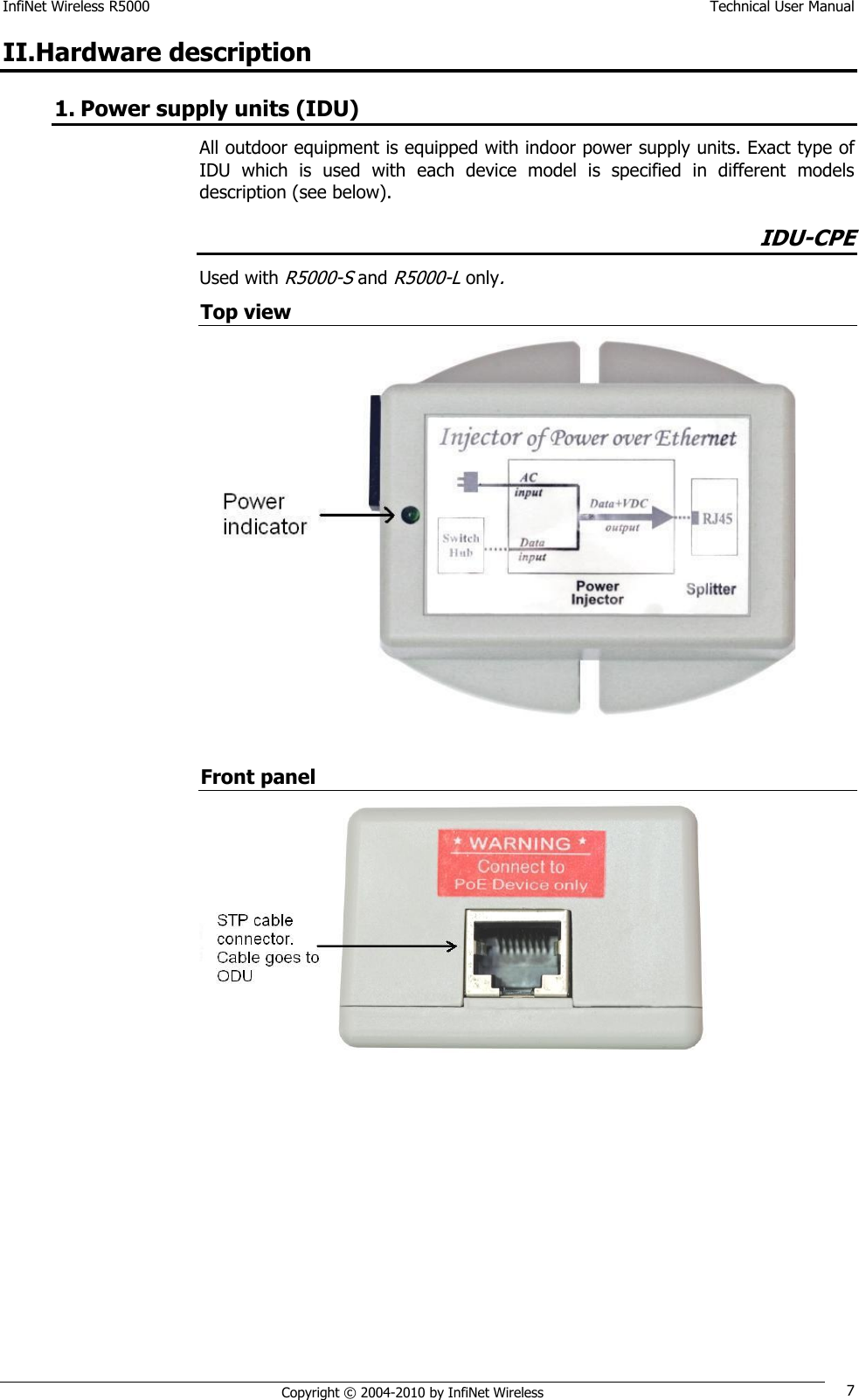 InfiNet Wireless R5000    Technical User Manual   Copyright © 2004-2010 by InfiNet Wireless 7 II.Hardware description 1. Power supply units (IDU) All outdoor equipment is equipped with indoor power supply units. Exact type of IDU  which  is  used  with  each  device  model  is  specified  in  different  models description (see below). IDU-CPE Used with R5000-S and R5000-L only. Top view   Front panel  