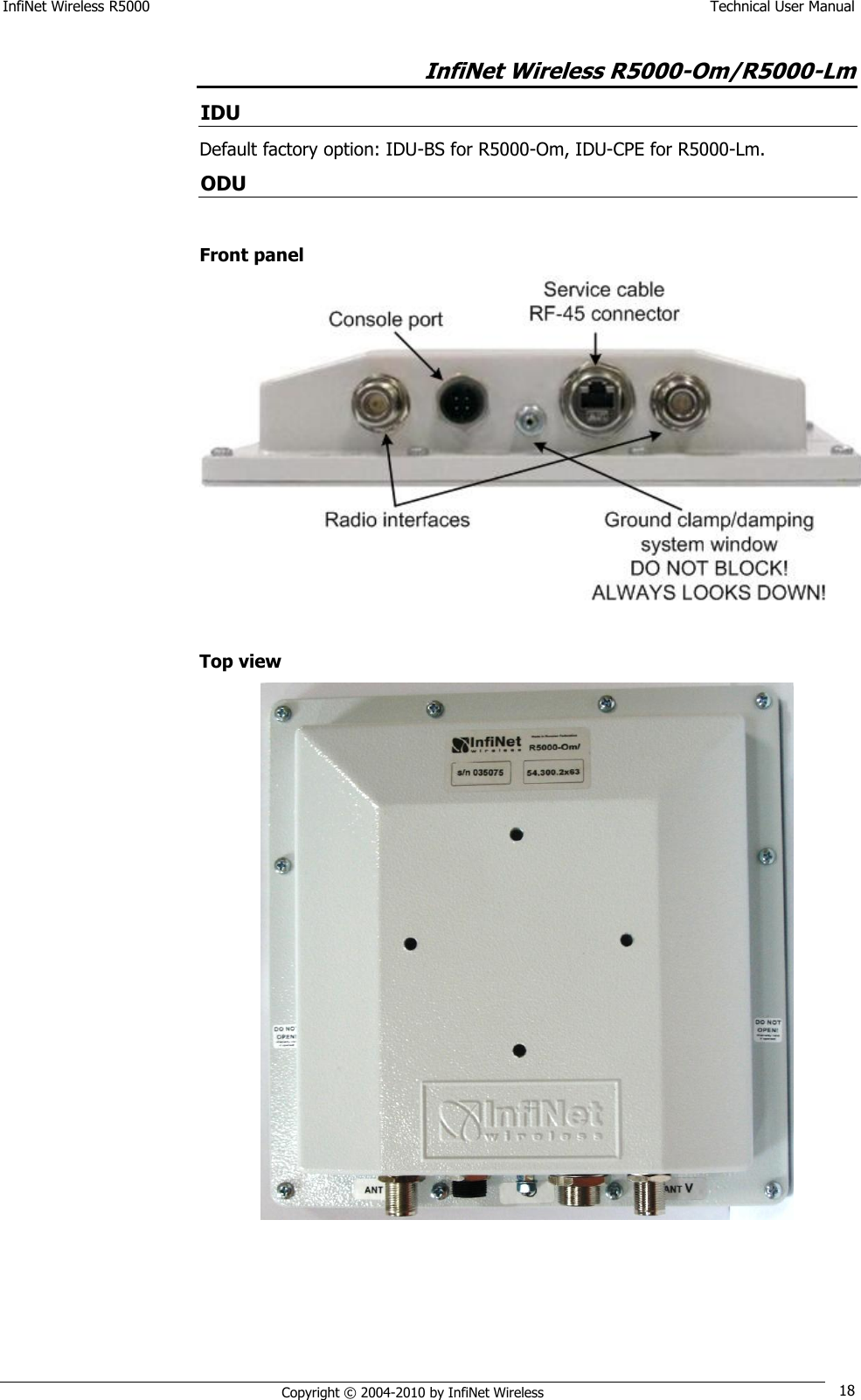 InfiNet Wireless R5000    Technical User Manual   Copyright © 2004-2010 by InfiNet Wireless 18 InfiNet Wireless R5000-Om/R5000-Lm IDU Default factory option: IDU-BS for R5000-Om, IDU-CPE for R5000-Lm. ODU  Front panel   Top view   