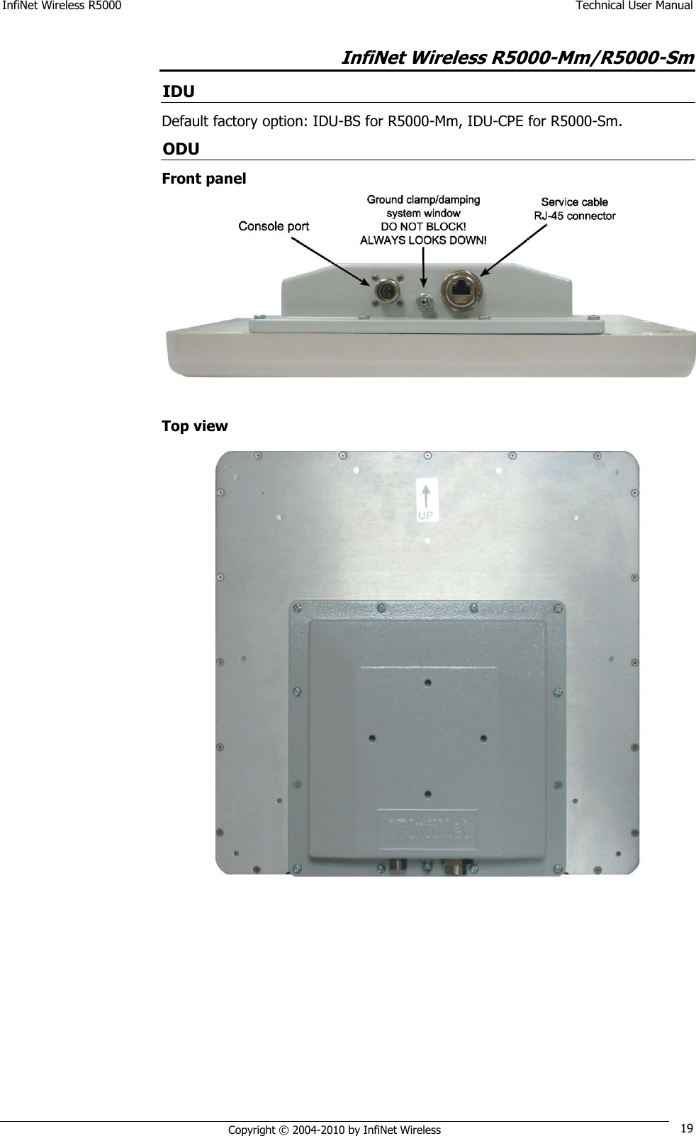 InfiNet Wireless R5000    Technical User Manual   Copyright © 2004-2010 by InfiNet Wireless 19 InfiNet Wireless R5000-Mm/R5000-Sm IDU Default factory option: IDU-BS for R5000-Mm, IDU-CPE for R5000-Sm. ODU Front panel   Top view  