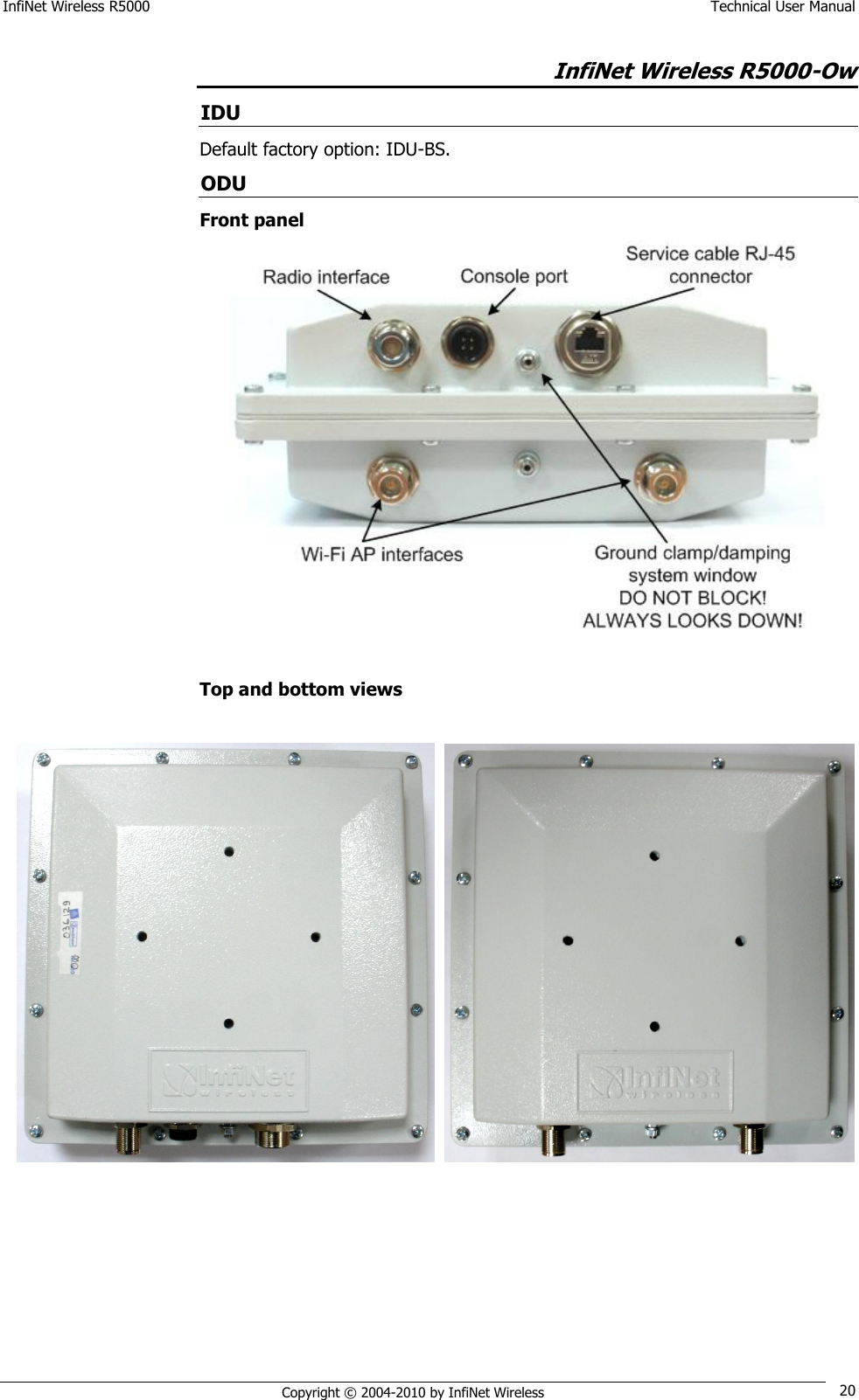 InfiNet Wireless R5000    Technical User Manual   Copyright © 2004-2010 by InfiNet Wireless 20 InfiNet Wireless R5000-Ow IDU Default factory option: IDU-BS. ODU Front panel   Top and bottom views        