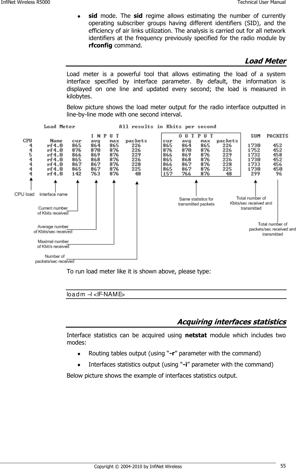 InfiNet Wireless R5000    Technical User Manual   Copyright © 2004-2010 by InfiNet Wireless 55  sid  mode.  The  sid  regime  allows  estimating  the  number  of  currently operating  subscriber  groups  having  different  identifiers  (SID),  and  the efficiency of air links utilization. The analysis is carried out for all network identifiers at the frequency previously specified for the radio module by rfconfig command.  Load Meter Load  meter  is  a  powerful  tool  that  allows  estimating  the  load  of  a  system interface  specified  by  interface  parameter.  By  default,  the  information  is displayed  on  one  line  and  updated  every  second;  the  load  is  measured  in kilobytes. Below picture shows the load  meter  output  for  the  radio  interface outputted in line-by-line mode with one second interval.  To run load meter like it is shown above, please type:  loadm –l &lt;IF-NAME&gt;  Acquiring interfaces statistics Interface  statistics  can  be  acquired  using  netstat  module  which  includes  two modes:  Routing tables output (using ―-r‖ parameter with the command)  Interfaces statistics output (using ―-i‖ parameter with the command) Below picture shows the example of interfaces statistics output. 