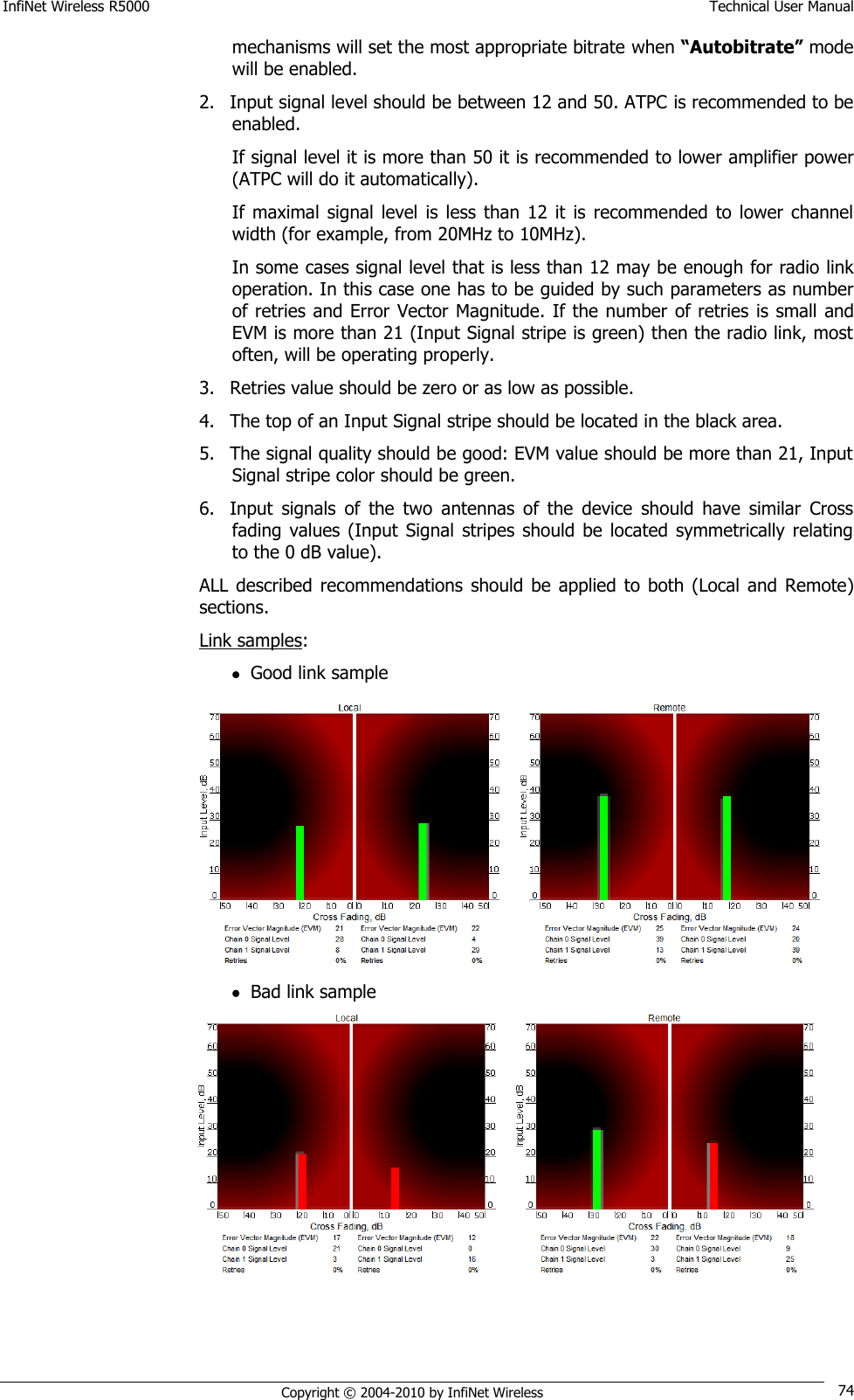 InfiNet Wireless R5000    Technical User Manual   Copyright © 2004-2010 by InfiNet Wireless 74 mechanisms will set the most appropriate bitrate when “Autobitrate” mode will be enabled. 2. Input signal level should be between 12 and 50. ATPC is recommended to be enabled. If signal level it is more than 50 it is recommended to lower amplifier power (ATPC will do it automatically). If maximal  signal  level  is less  than  12  it  is  recommended  to  lower  channel width (for example, from 20MHz to 10MHz). In some cases signal level that is less than 12 may be enough for radio link operation. In this case one has to be guided by such parameters as number of retries and Error Vector Magnitude. If the number of retries is small and EVM is more than 21 (Input Signal stripe is green) then the radio link, most often, will be operating properly. 3. Retries value should be zero or as low as possible. 4. The top of an Input Signal stripe should be located in the black area. 5. The signal quality should be good: EVM value should be more than 21, Input Signal stripe color should be green. 6. Input  signals  of  the  two  antennas  of  the  device  should  have  similar  Cross fading values  (Input  Signal  stripes  should  be  located  symmetrically  relating to the 0 dB value). ALL described  recommendations should  be  applied  to  both  (Local  and  Remote) sections. Link samples:  Good link sample   Bad link sample    