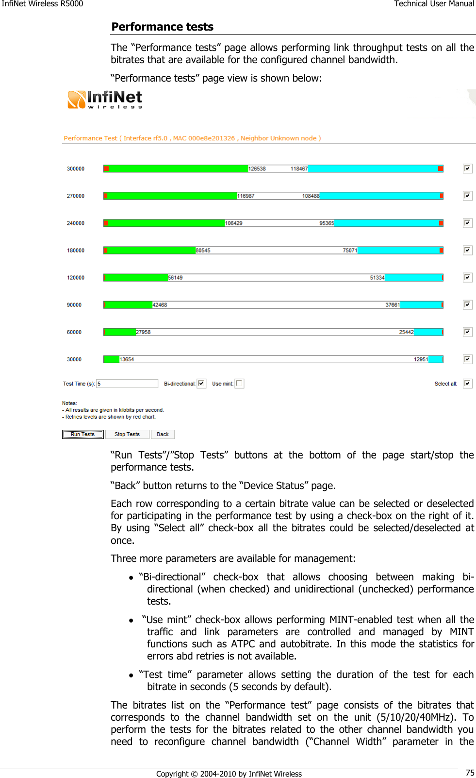 InfiNet Wireless R5000    Technical User Manual   Copyright © 2004-2010 by InfiNet Wireless 75 Performance tests The ―Performance tests‖ page allows performing link throughput tests on all the bitrates that are available for the configured channel bandwidth. ―Performance tests‖ page view is shown below:  ―Run  Tests‖/‖Stop  Tests‖  buttons  at  the  bottom  of  the  page  start/stop  the performance tests. ―Back‖ button returns to the ―Device Status‖ page. Each row corresponding to a certain bitrate value can be selected or deselected for participating in the performance test by using a check-box on the right of it. By  using  ―Select  all‖  check-box  all  the  bitrates  could  be  selected/deselected  at once. Three more parameters are available for management:   ―Bi-directional‖  check-box  that  allows  choosing  between  making  bi-directional (when  checked)  and  unidirectional (unchecked) performance tests.    ―Use mint‖ check-box  allows performing MINT-enabled  test when all the traffic  and  link  parameters  are  controlled  and  managed  by  MINT functions  such  as  ATPC  and  autobitrate.  In  this  mode  the  statistics  for errors abd retries is not available.  ―Test  time‖  parameter  allows  setting  the  duration  of  the  test  for  each bitrate in seconds (5 seconds by default).  The  bitrates  list  on  the  ―Performance  test‖  page  consists  of  the  bitrates  that corresponds  to  the  channel  bandwidth  set  on  the  unit  (5/10/20/40MHz).  To perform  the  tests  for  the  bitrates  related  to  the  other  channel  bandwidth  you need  to  reconfigure  channel  bandwidth  (―Channel  Width‖  parameter  in  the 