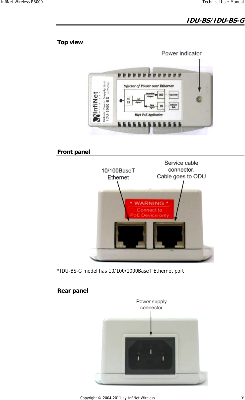 InfiNet Wireless R5000    Technical User Manual   Copyright © 2004-2011 by InfiNet Wireless  9IDU-BS/IDU-BS-G  Top view   Front panel  *IDU-BS-G model has 10/100/1000BaseT Ethernet port  Rear panel  