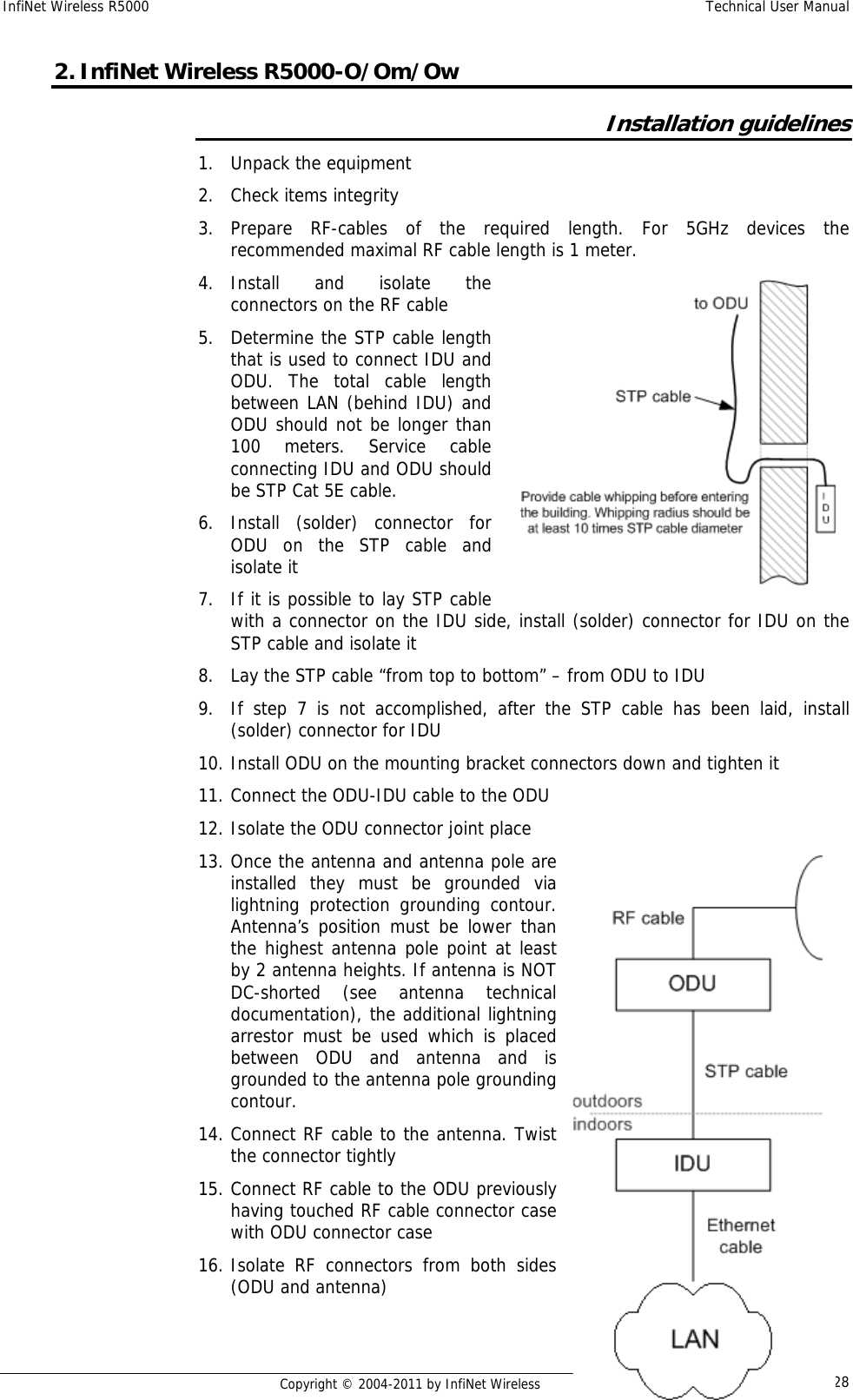 InfiNet Wireless R5000    Technical User Manual   Copyright © 2004-2011 by InfiNet Wireless  282. InfiNet Wireless R5000-O/Om/Ow  Installation guidelines 1. Unpack the equipment 2. Check items integrity 3. Prepare RF-cables of the required length. For 5GHz devices the recommended maximal RF cable length is 1 meter. 4. Install and isolate the connectors on the RF cable 5. Determine the STP cable length that is used to connect IDU and ODU. The total cable length between LAN (behind IDU) and ODU should not be longer than 100 meters. Service cable connecting IDU and ODU should be STP Cat 5E cable. 6. Install (solder) connector for ODU on the STP cable and isolate it 7. If it is possible to lay STP cable with a connector on the IDU side, install (solder) connector for IDU on the STP cable and isolate it 8. Lay the STP cable “from top to bottom” – from ODU to IDU 9. If step 7 is not accomplished, after the STP cable has been laid, install (solder) connector for IDU 10. Install ODU on the mounting bracket connectors down and tighten it 11. Connect the ODU-IDU cable to the ODU 12. Isolate the ODU connector joint place 13. Once the antenna and antenna pole are installed they must be grounded via lightning protection grounding contour. Antenna’s position must be lower than the highest antenna pole point at least by 2 antenna heights. If antenna is NOT DC-shorted (see antenna technical documentation), the additional lightning arrestor must be used which is placed between ODU and antenna and is grounded to the antenna pole grounding contour. 14. Connect RF cable to the antenna. Twist the connector tightly 15. Connect RF cable to the ODU previously having touched RF cable connector case with ODU connector case 16. Isolate RF connectors from both sides (ODU and antenna) 