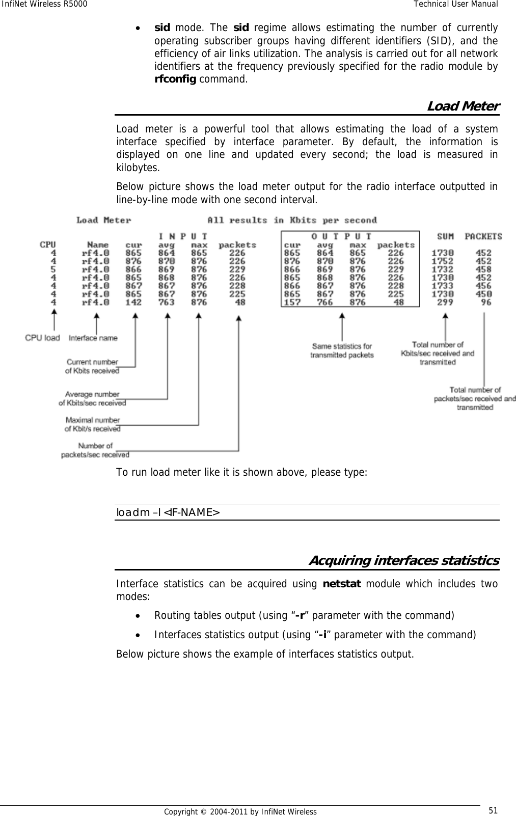 InfiNet Wireless R5000    Technical User Manual   Copyright © 2004-2011 by InfiNet Wireless  51• sid mode. The sid regime allows estimating the number of currently operating subscriber groups having different identifiers (SID), and the efficiency of air links utilization. The analysis is carried out for all network identifiers at the frequency previously specified for the radio module by rfconfig command.  Load Meter Load meter is a powerful tool that allows estimating the load of a system interface specified by interface parameter. By default, the information is displayed on one line and updated every second; the load is measured in kilobytes. Below picture shows the load meter output for the radio interface outputted in line-by-line mode with one second interval.  To run load meter like it is shown above, please type:  loadm –l &lt;IF-NAME&gt;  Acquiring interfaces statistics Interface statistics can be acquired using netstat module which includes two modes: • Routing tables output (using “-r” parameter with the command) • Interfaces statistics output (using “-i” parameter with the command) Below picture shows the example of interfaces statistics output. 