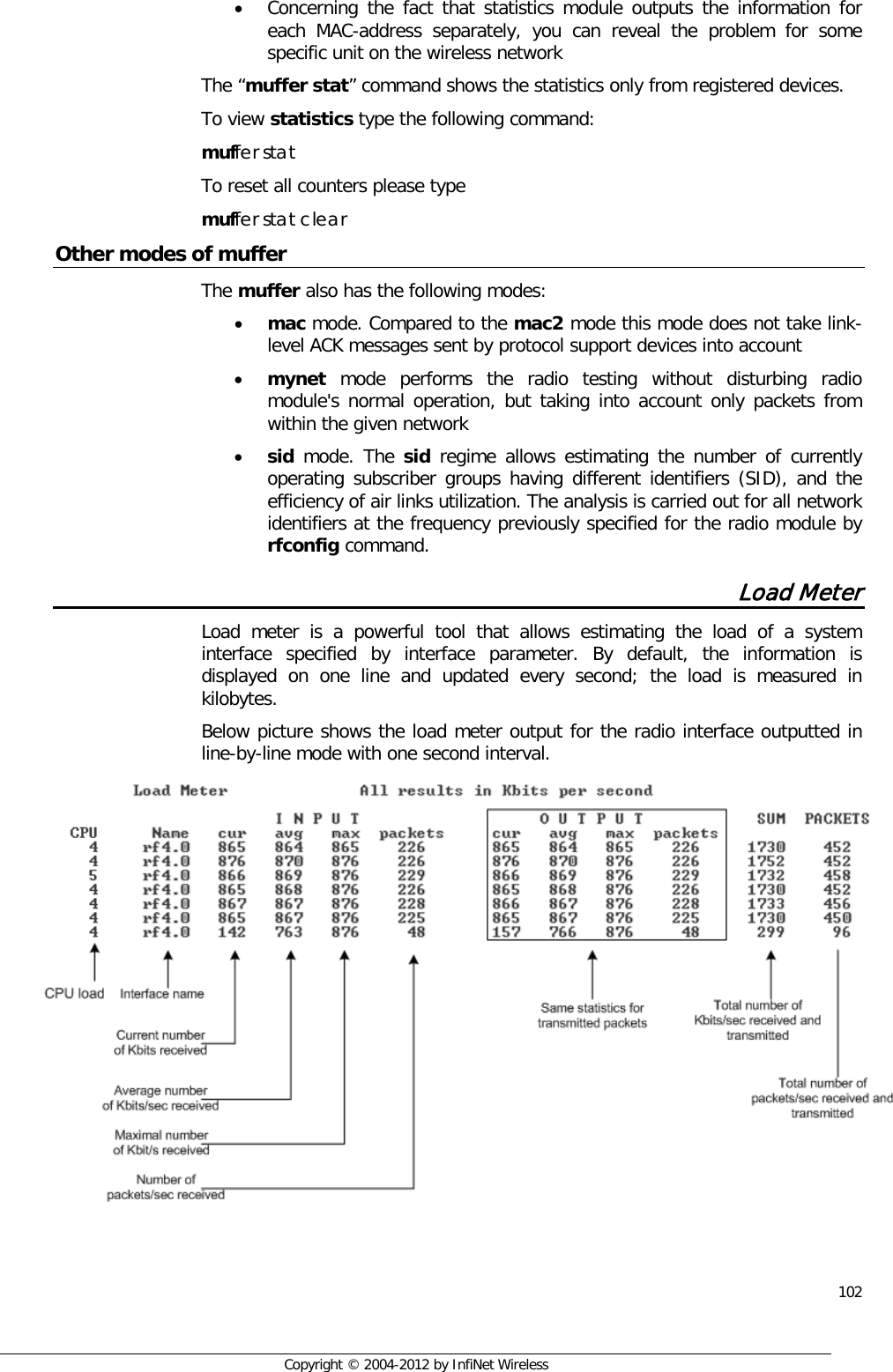  102     Copyright © 2004-2012 by InfiNet Wireless • Concerning the fact that statistics module outputs the information for each MAC-address separately, you can reveal the problem for some specific unit on the wireless network The “muffer stat” command shows the statistics only from registered devices. To view statistics type the following command: muffer stat To reset all counters please type muffer stat clear Other modes of muffer The muffer also has the following modes: • mac mode. Compared to the mac2 mode this mode does not take link-level ACK messages sent by protocol support devices into account • mynet mode performs the radio testing without disturbing radio module&apos;s normal operation, but taking into account only packets from within the given network • sid mode. The sid regime allows estimating the number of currently operating subscriber groups having different identifiers (SID), and the efficiency of air links utilization. The analysis is carried out for all network identifiers at the frequency previously specified for the radio module by rfconfig command.  Load Meter Load meter is a powerful tool that allows estimating the load of a system interface specified by interface parameter. By default, the information is displayed on one line and updated every second; the load is measured in kilobytes. Below picture shows the load meter output for the radio interface outputted in line-by-line mode with one second interval.    