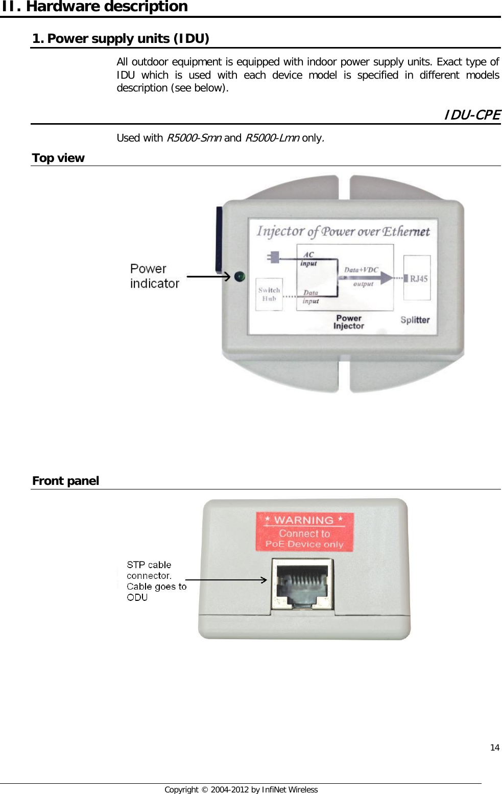  14     Copyright © 2004-2012 by InfiNet Wireless II. Hardware description 1. Power supply units (IDU) All outdoor equipment is equipped with indoor power supply units. Exact type of IDU which is used with each device model is specified in different models description (see below). IDU-CPE Used with R5000-Smn and R5000-Lmn only. Top view      Front panel     